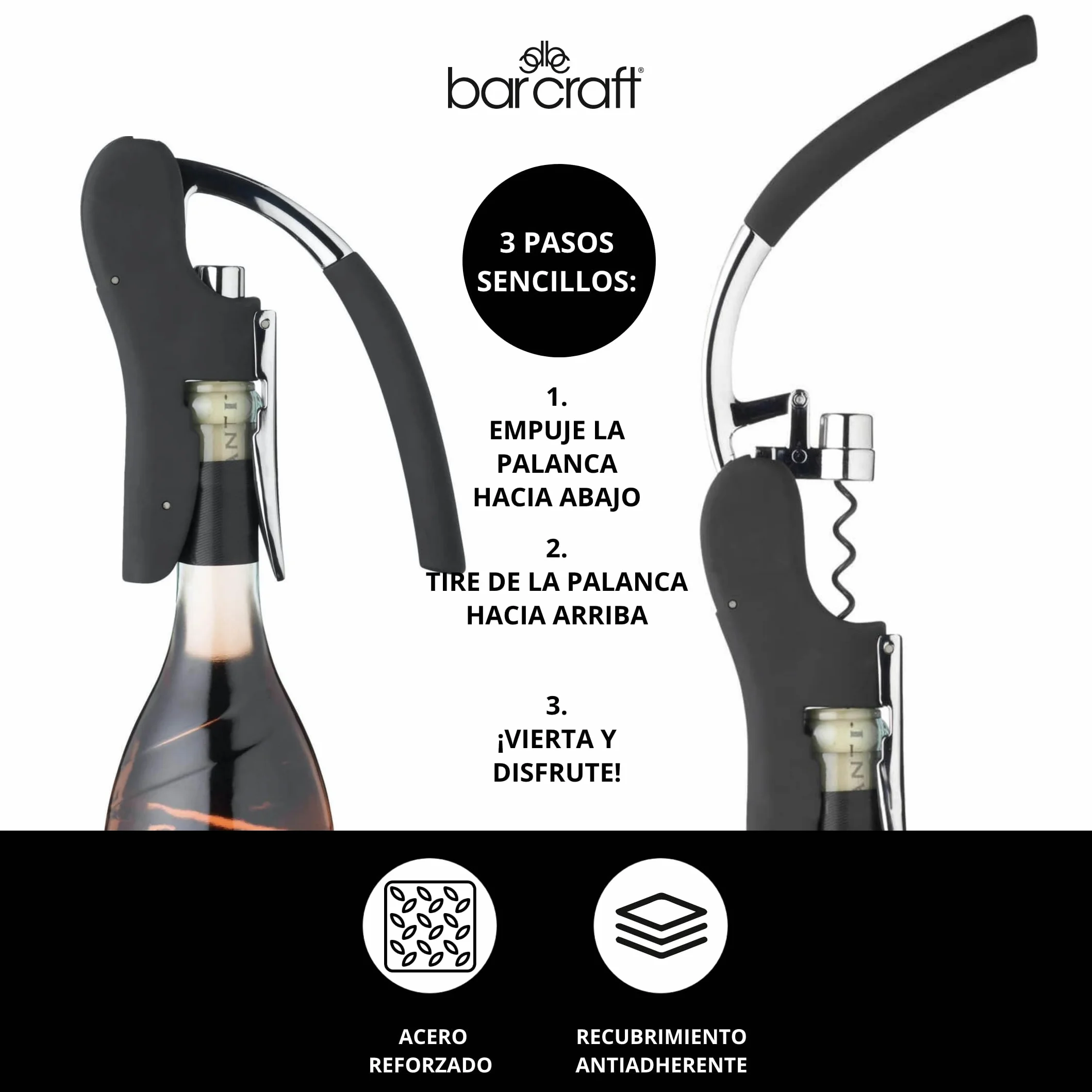 BarCraft Sacacorchos de Lujo Abridor de Botellas Vino Cortador Lámina Integrado Negro Cromado