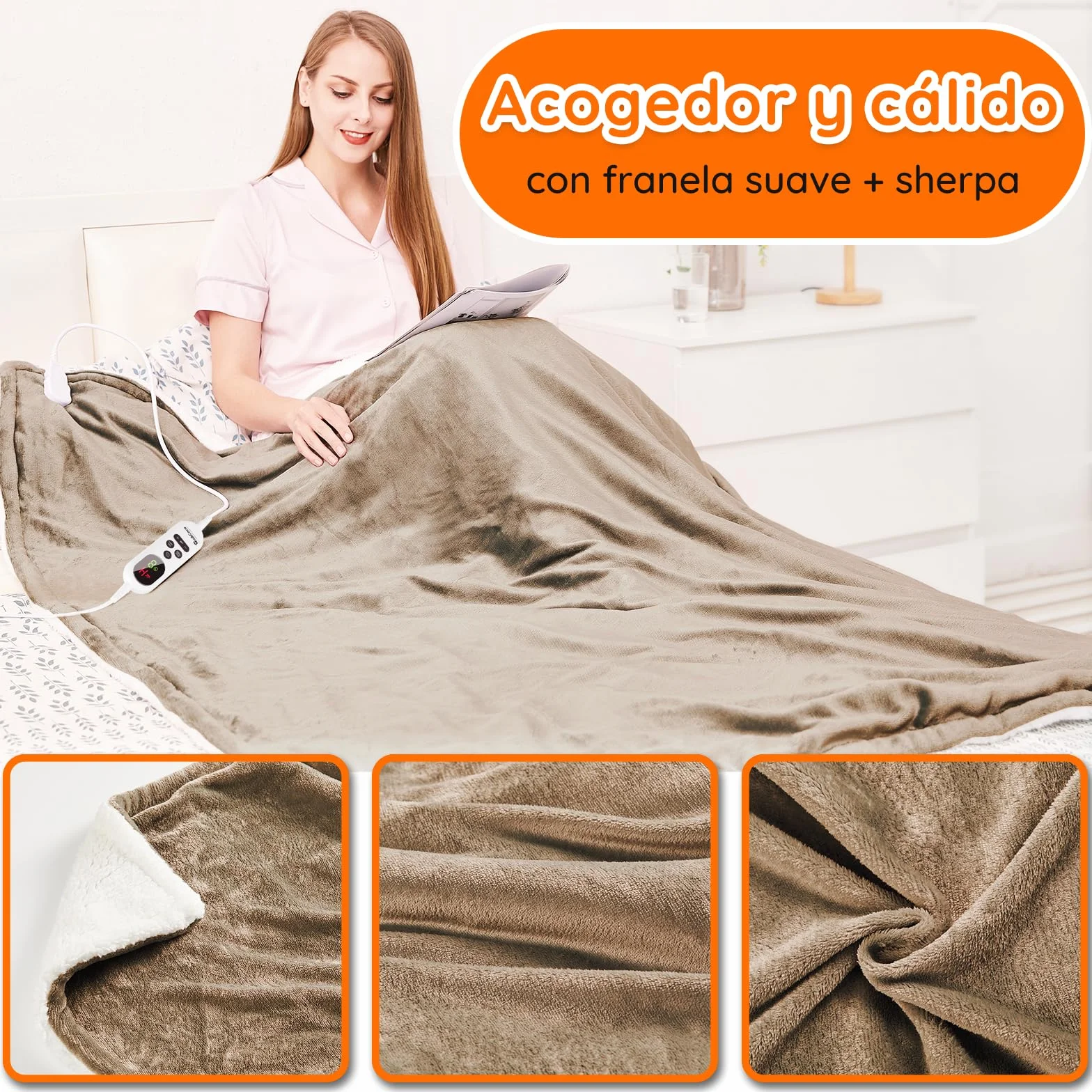 Manta Eléctrica Térmica 130x180cm 10 Niveles Calor Temporizador 1-9H Pantalla LED Caqui
