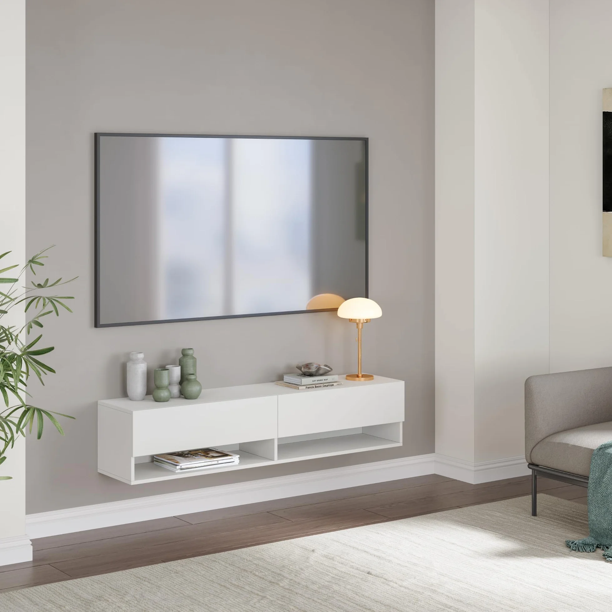 [en.casa] Armario de Pared Halmstad Mueble de TV de Pared 140 x 31 x 30 cm Mesa de Centro Flotante con Compartimentos y 2 Puertas Consola de Pared Blanco