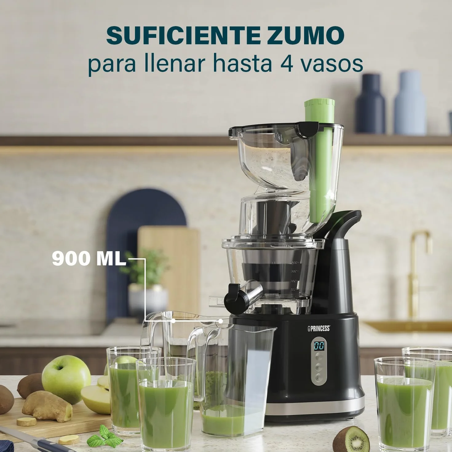 Princess 202045 Easy Fill Exprimidor Lento con la característica de Rellenado fácil, 200 W, 0.9 litros, Negro y Plateado