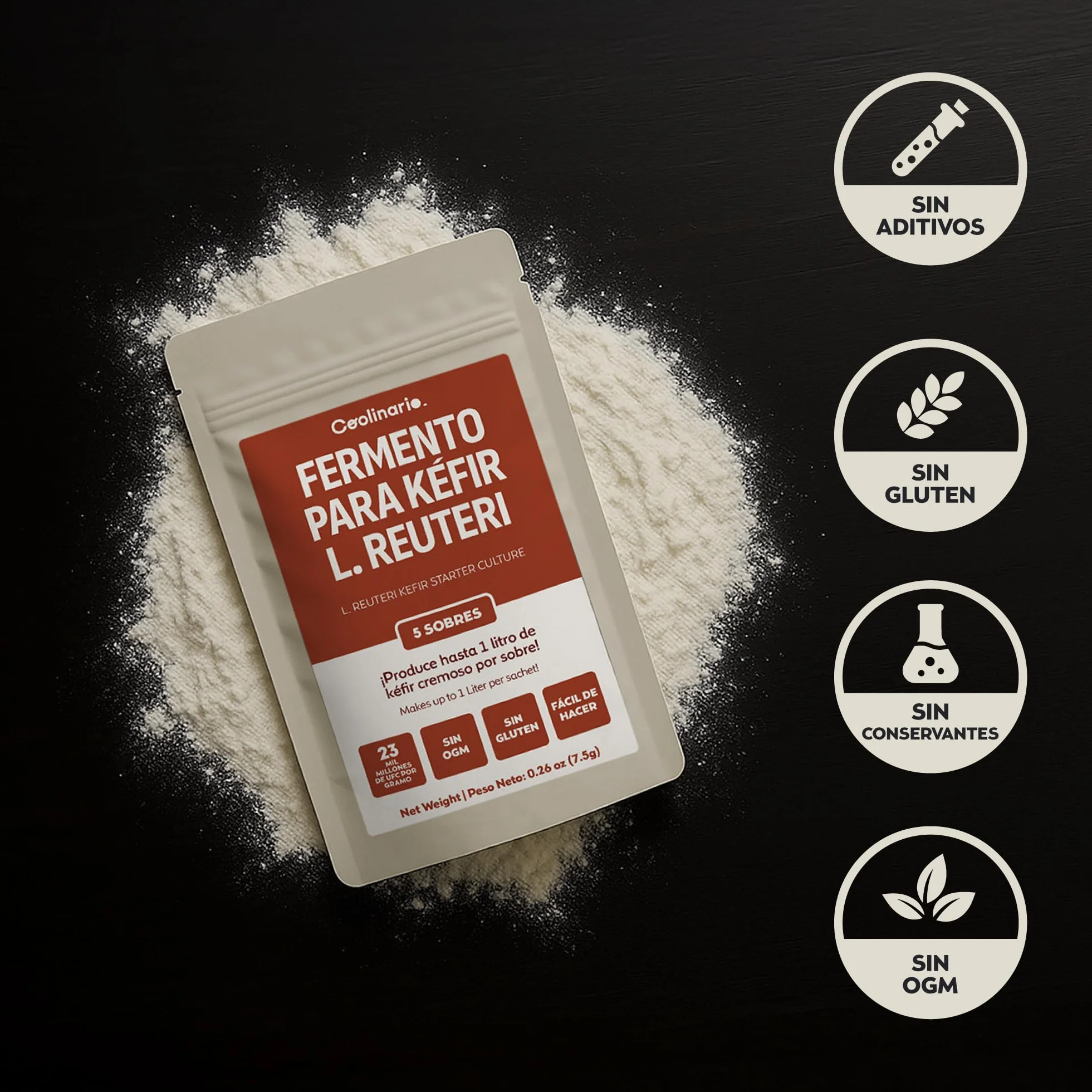 Coolinario Cultivo Iniciador de Kefir con L Reuteri 5 Sobres 1.5g Fermentos Probióticos Lactobacillus Reuteri Cremoso Ácido Sin OGM