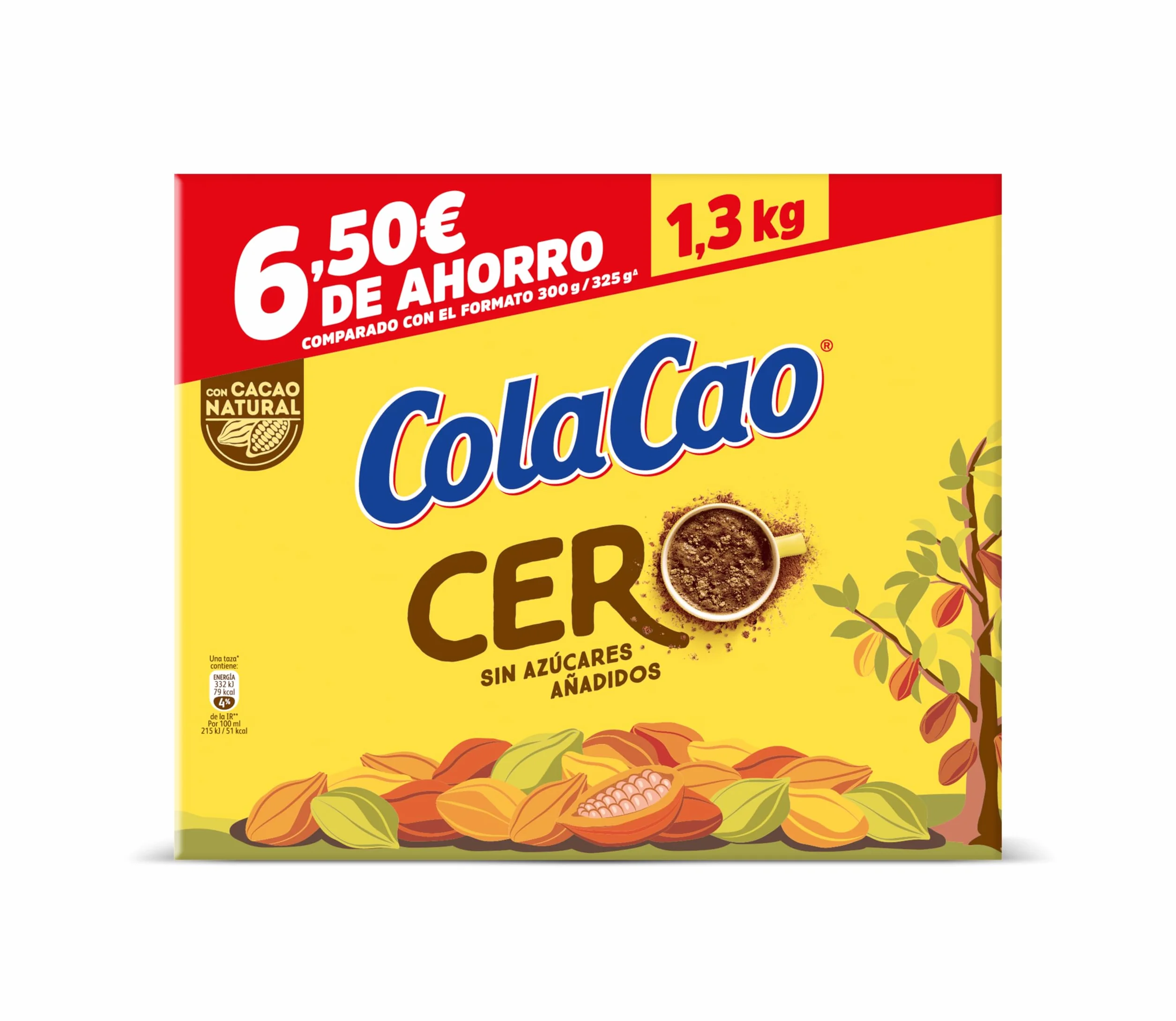 ColaCao Cero Cacao Soluble sin Azúcares Añadidos 1,3 kg 92 Raciones