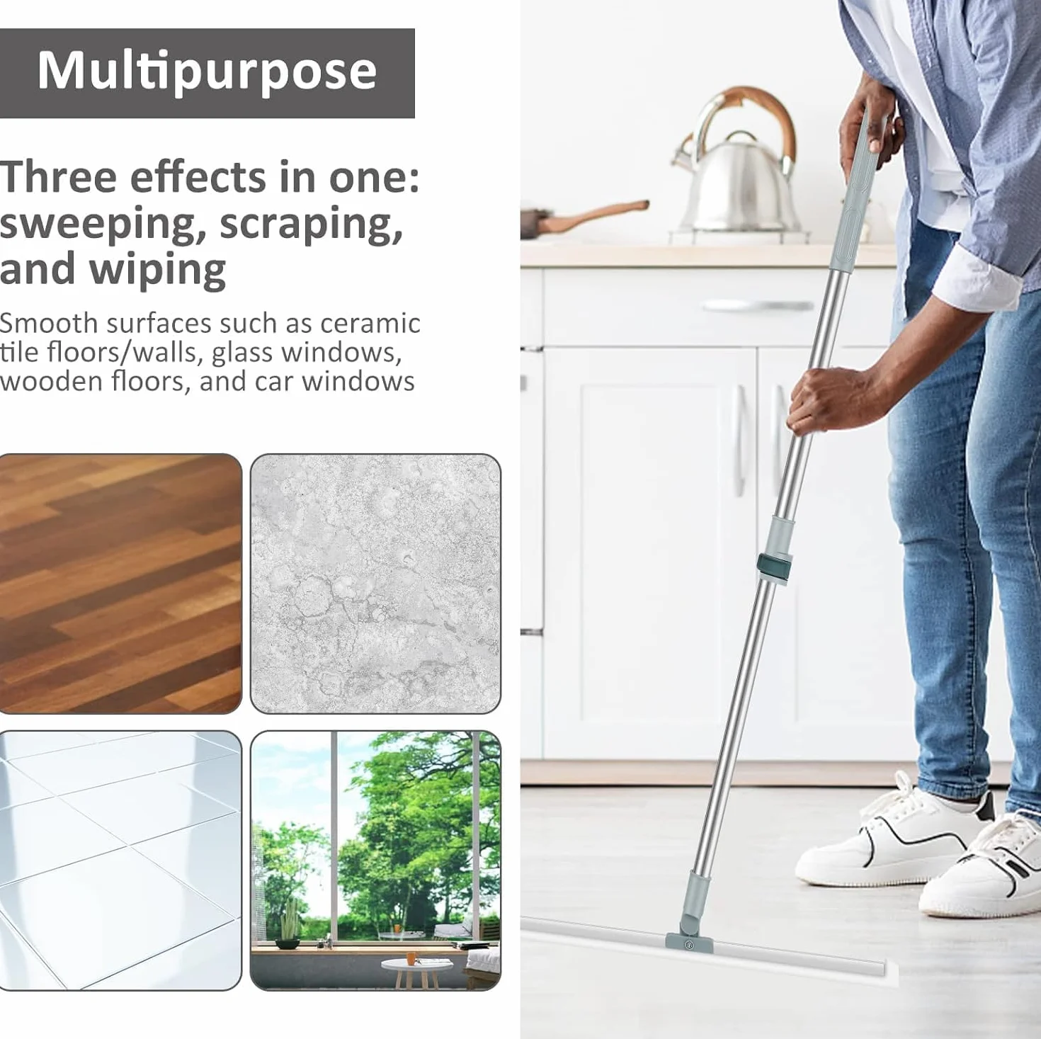 Retractable Silicone Floor Scraper Bathroom Wiper 52cm Pet Hair Cleaning Broom