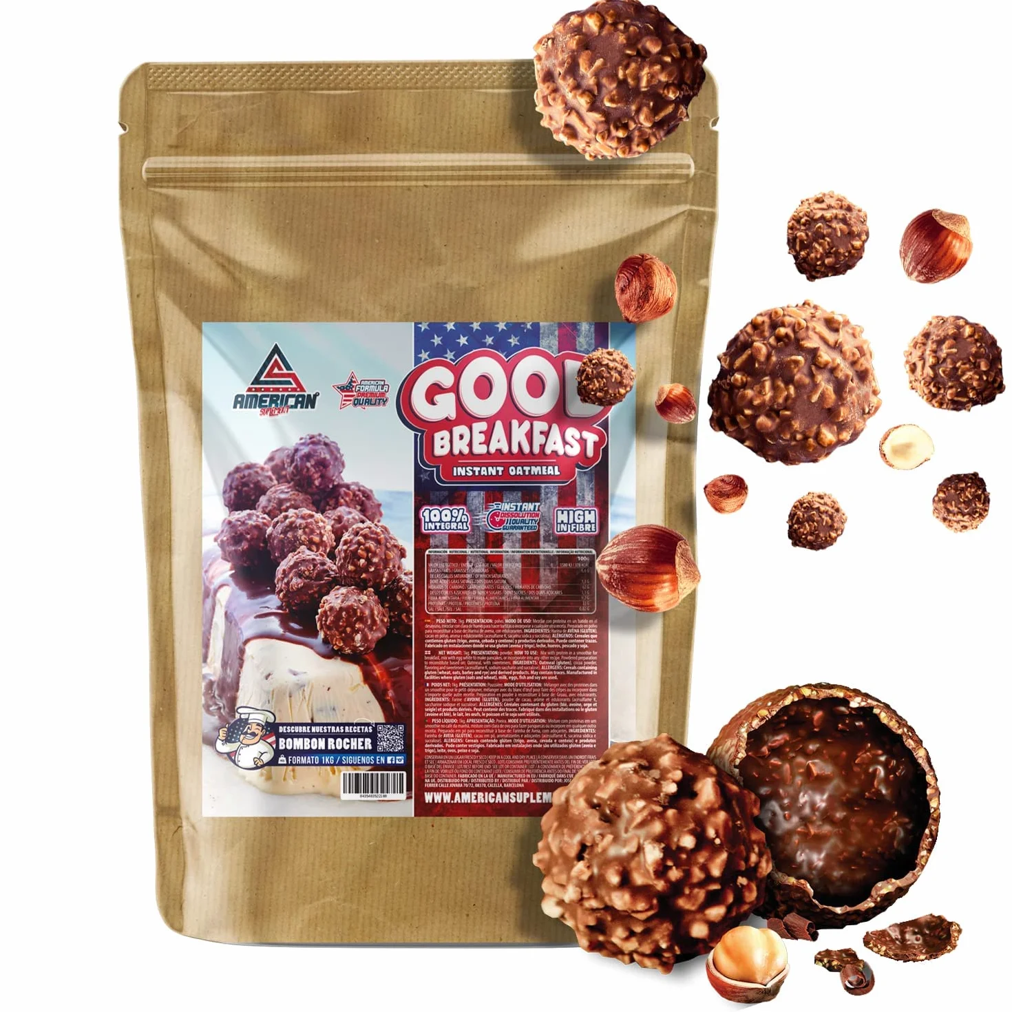 Harina de Avena Integral AS American Suplement 1 kg Bajo en Azúcares y Grasas Fuente de Fibra y Proteínas
