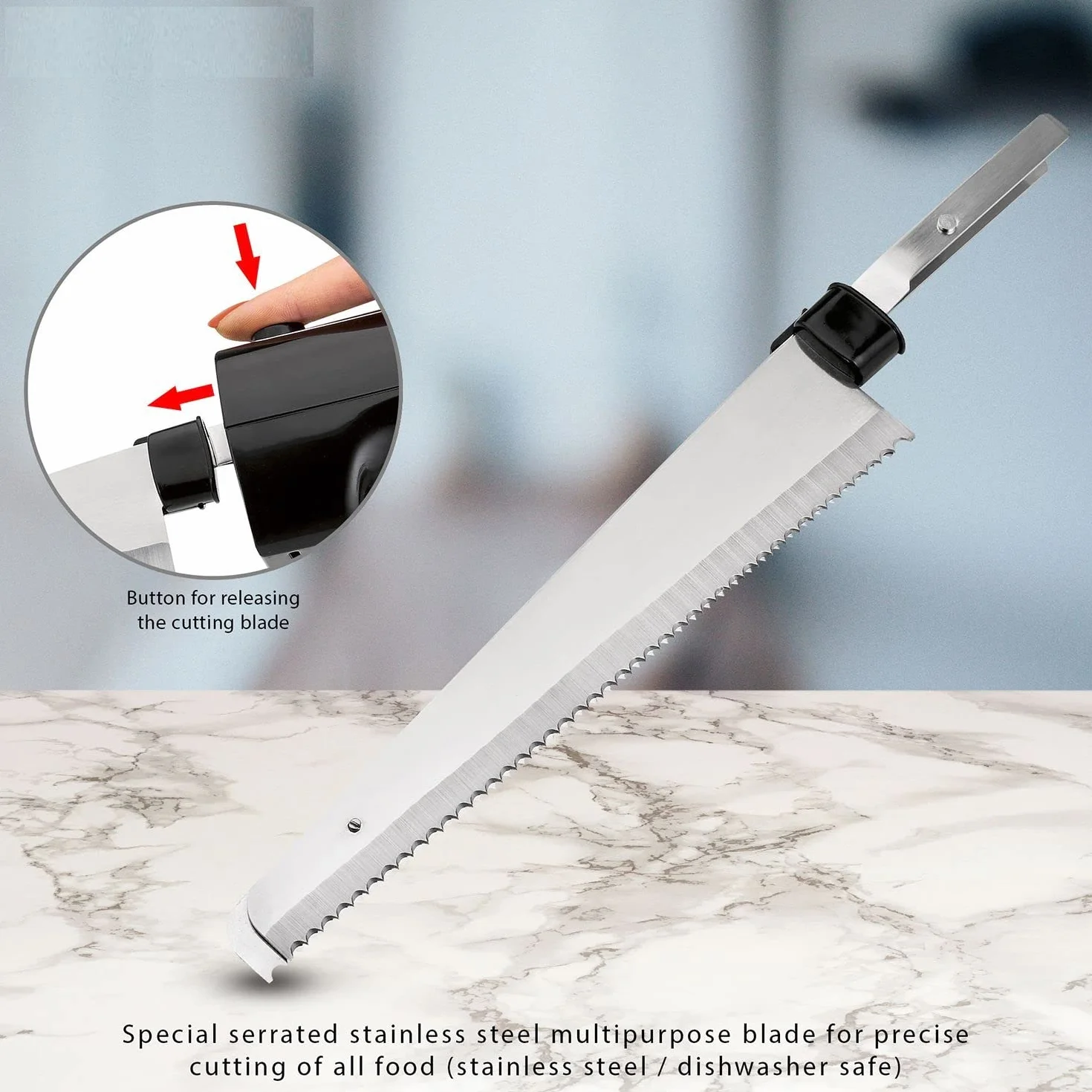 Cuchillo eléctrico para pan de carne con cuchillas dobles de acero inoxidable, incluye caja y paño de cuidado, cuchillo electrónico, potente motor de 120 W, silencioso, inoxidable, color negro