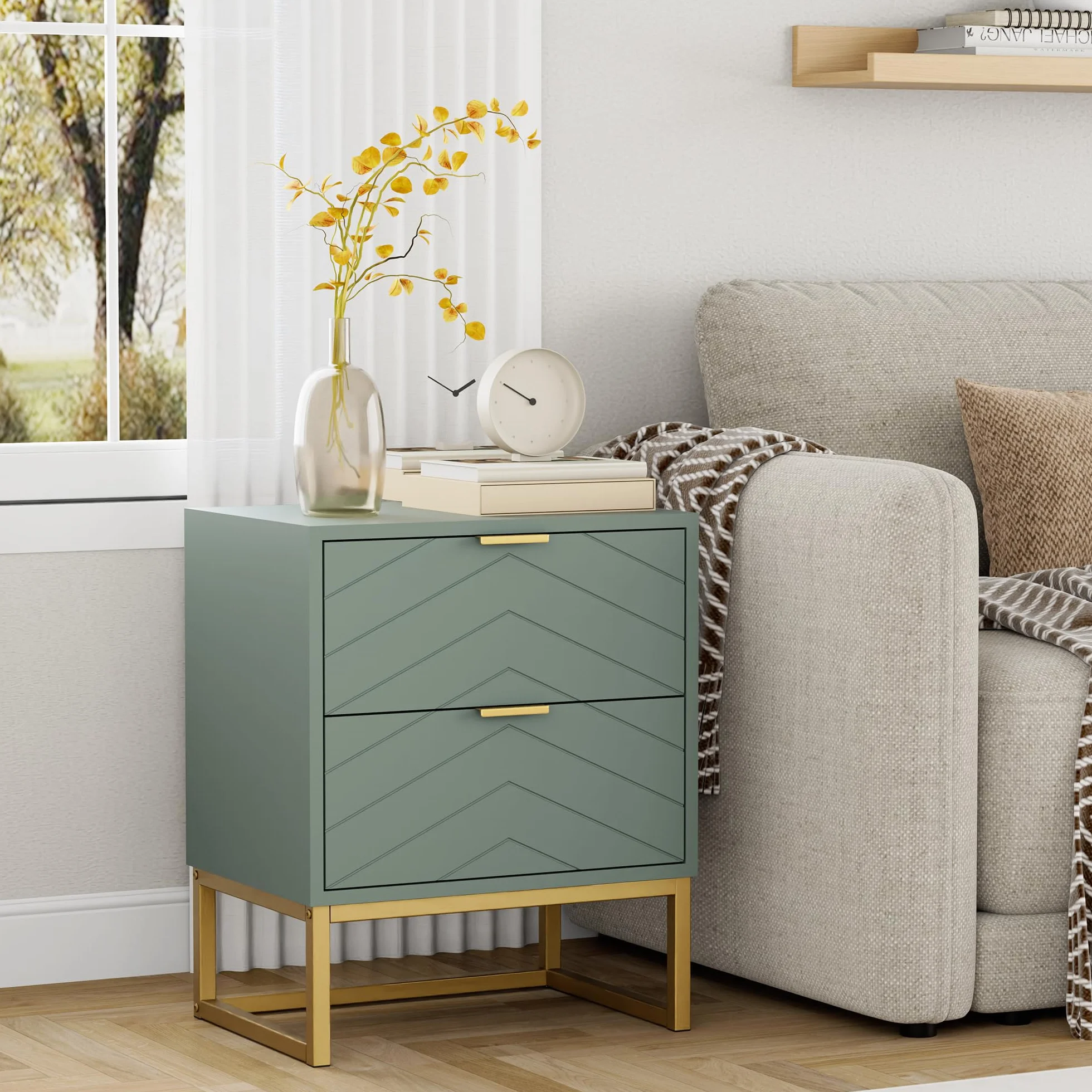 UEV Juego de 2 Mesillas de Noche con Diseño en V, Muebles de Dormitorio con Asas y Patas de Metal, Mesilla de Noche Moderna y Estable, 46 x 33,5 x 56,5 cm, Verde