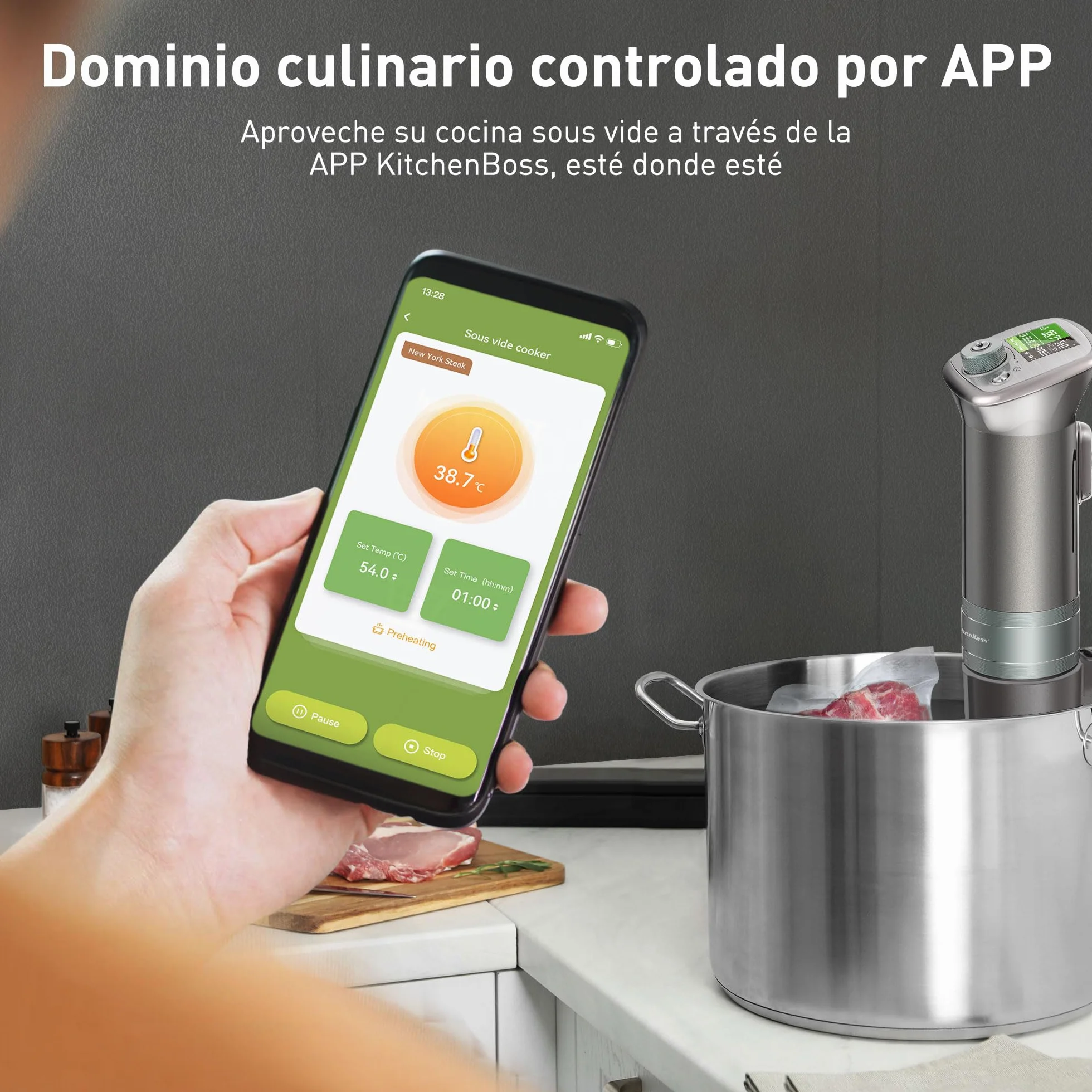 KitchenBoss Sous Vide Roner WIFI: Roner Cocina Baja Temperatura,Inmersión a Prueba de Agua IPX7 Circuladores Control de APP y Temperatura de Precisión TFT táctil Muy tranquilo 40℃-90℃ 1100W