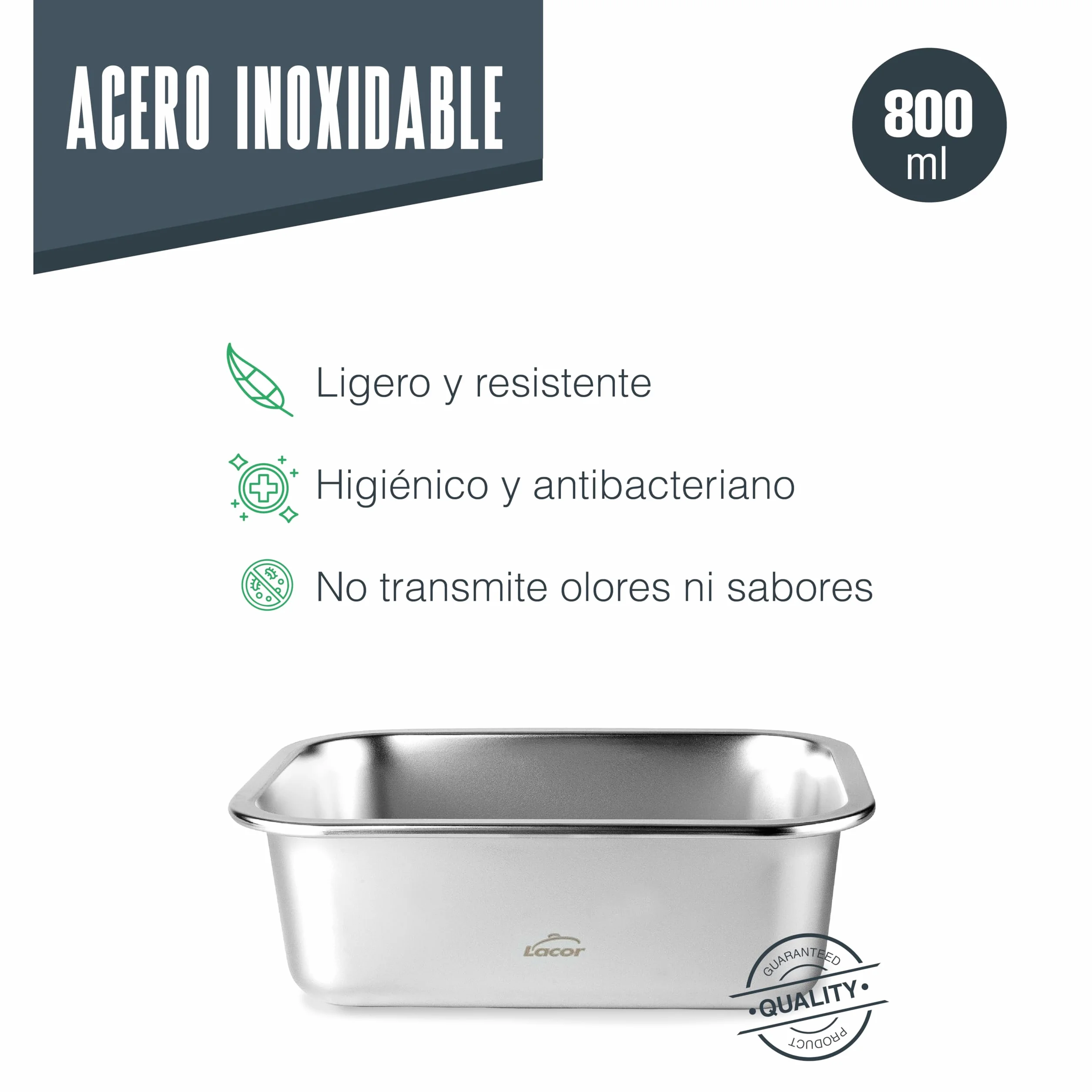 LACOR Recipiente para alimentos rectangular Ecoinox, Acero inoxidable 18/10, 800 ml, Hermético, 4 Cierres de clip