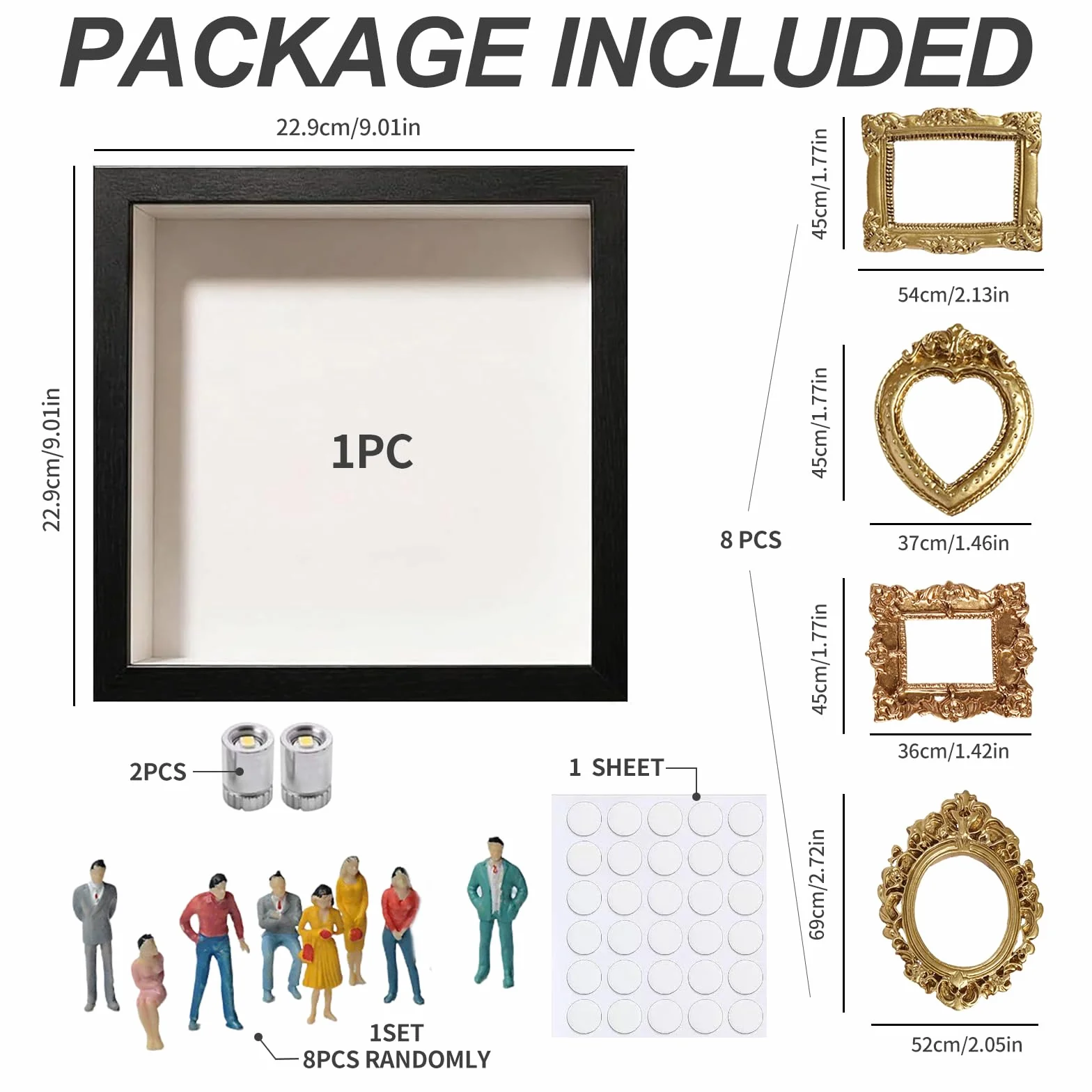 DIY Mini Museum Silhouette Box, Cajas de Sombra Kit con 8 Mini Figuras de Museo y 8 Mini Marcos Dorados
