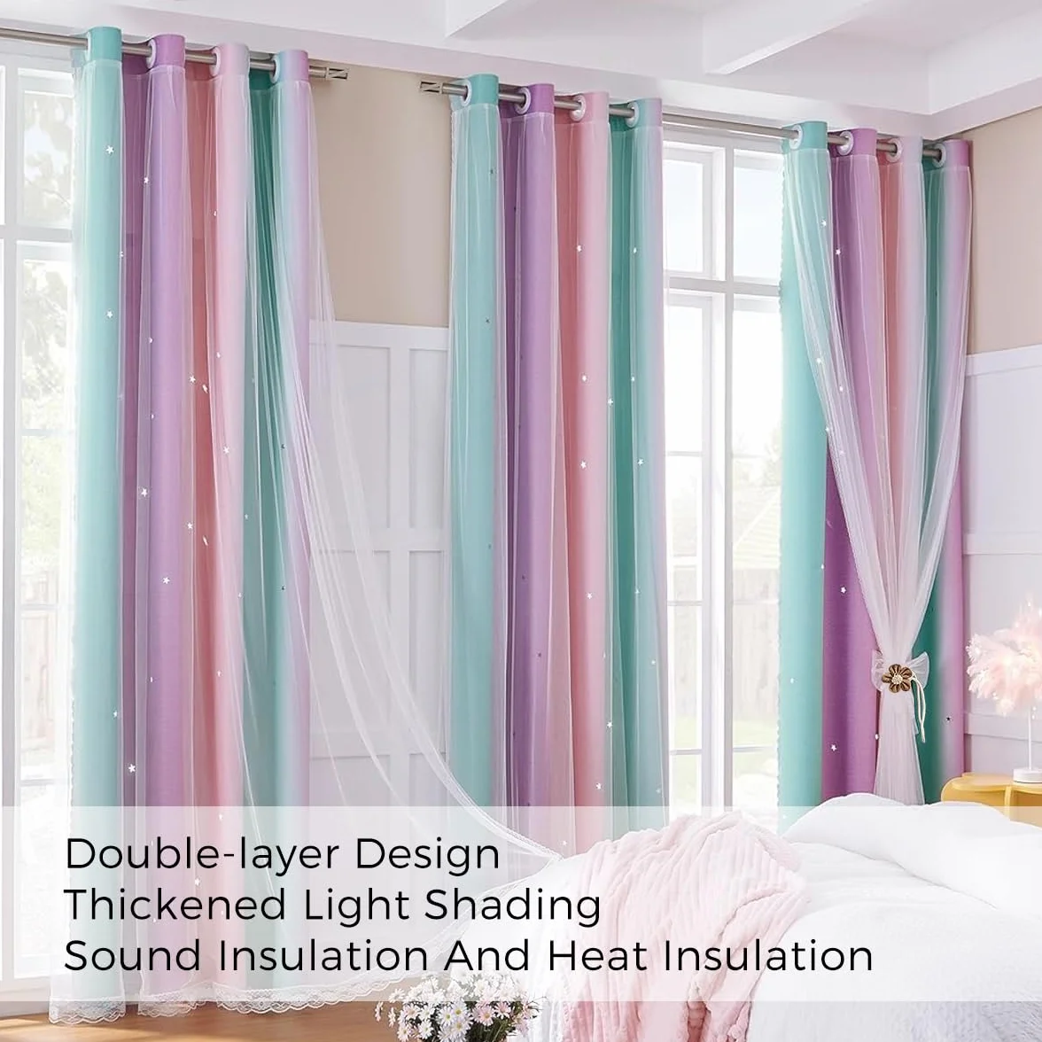 Cortinas Opacas Arcoíris 2 Paneles Princesas Niñas Decorativas Dormitorio Unicornio Rosa Púrpura Verde 132x213 cm