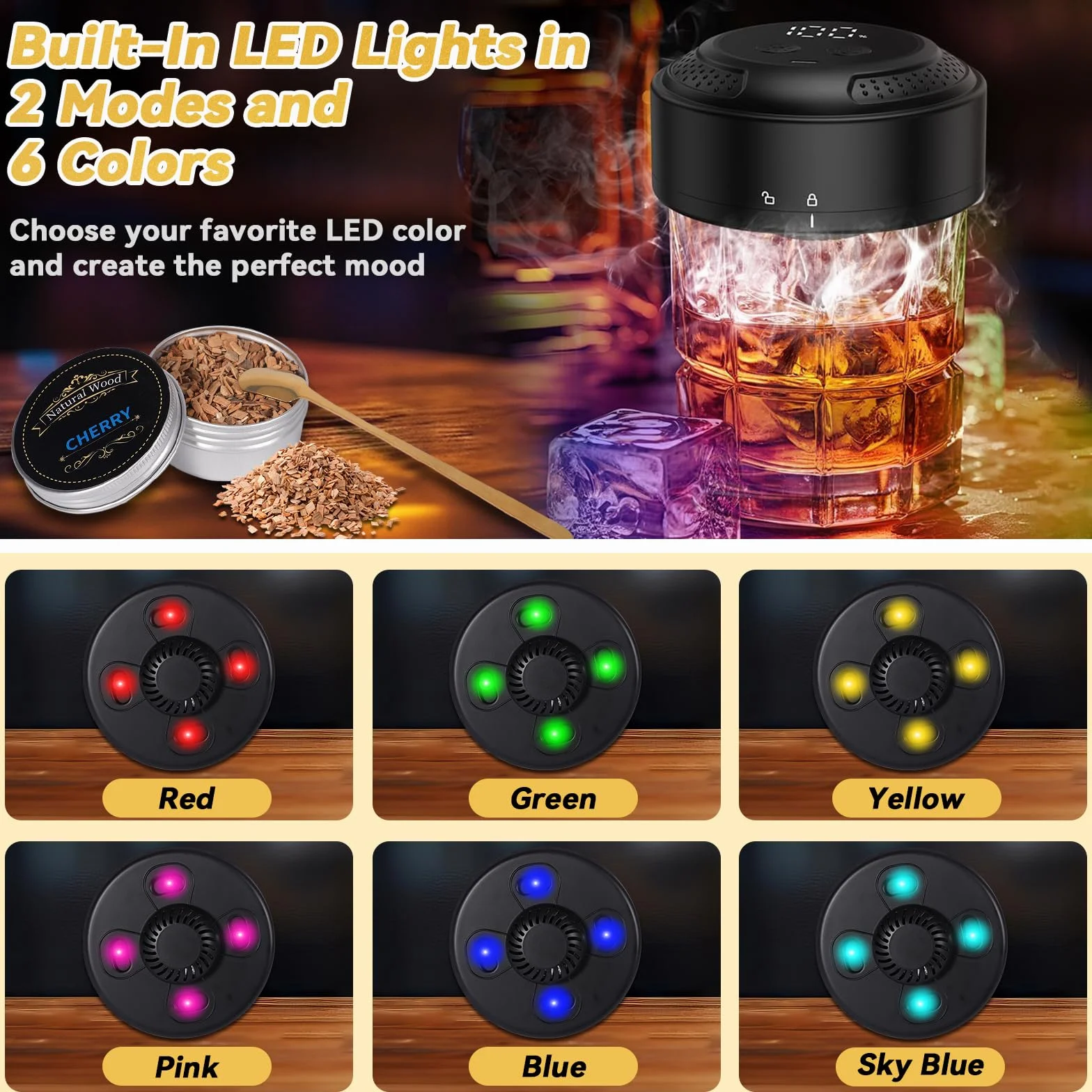 Ahumador Eléctrico de Whisky, Kit Ahumador de Cócteles con Pantalla LED y USB-C Recargable - Set con 6 Maderas Naturales