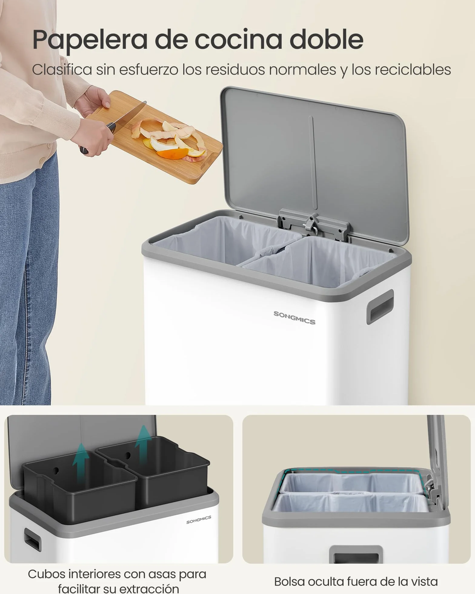 SONGMICS Papelera de Cocina, 2 x 30 L Cubo Doble para Reciclaje y Basura, Cubos Interiores, Acero, Tapa de Cierre Suave, Pedal Ancho y Robusto, Blanco Nube LTB556W02