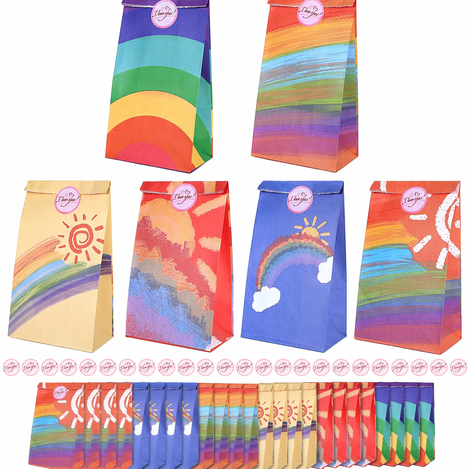 Romon Bolsitas para Regalos, 24 PCS Bolsas de Papel Kraft Arco Iris Bolsas Cumpleaños Infantil con 24 Pegatinas para Envolver Regalos, Regalos, Fiesta, Celebración, Boda, 1 item