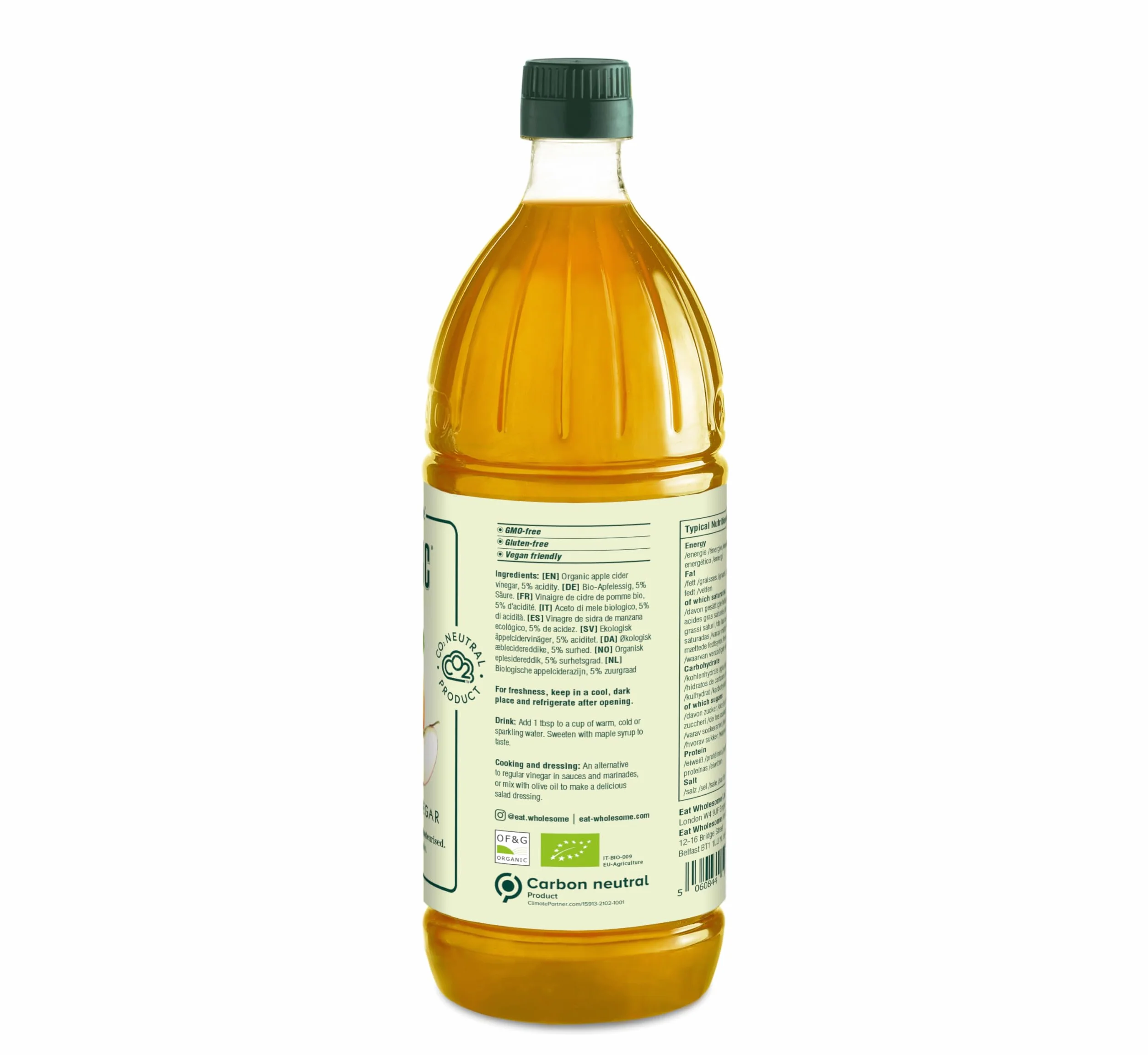 Eat Wholesome Food Co. Vinagre de Sidra de Manzana Cruda Ecológica sin Filtrar con la Madre, 1L