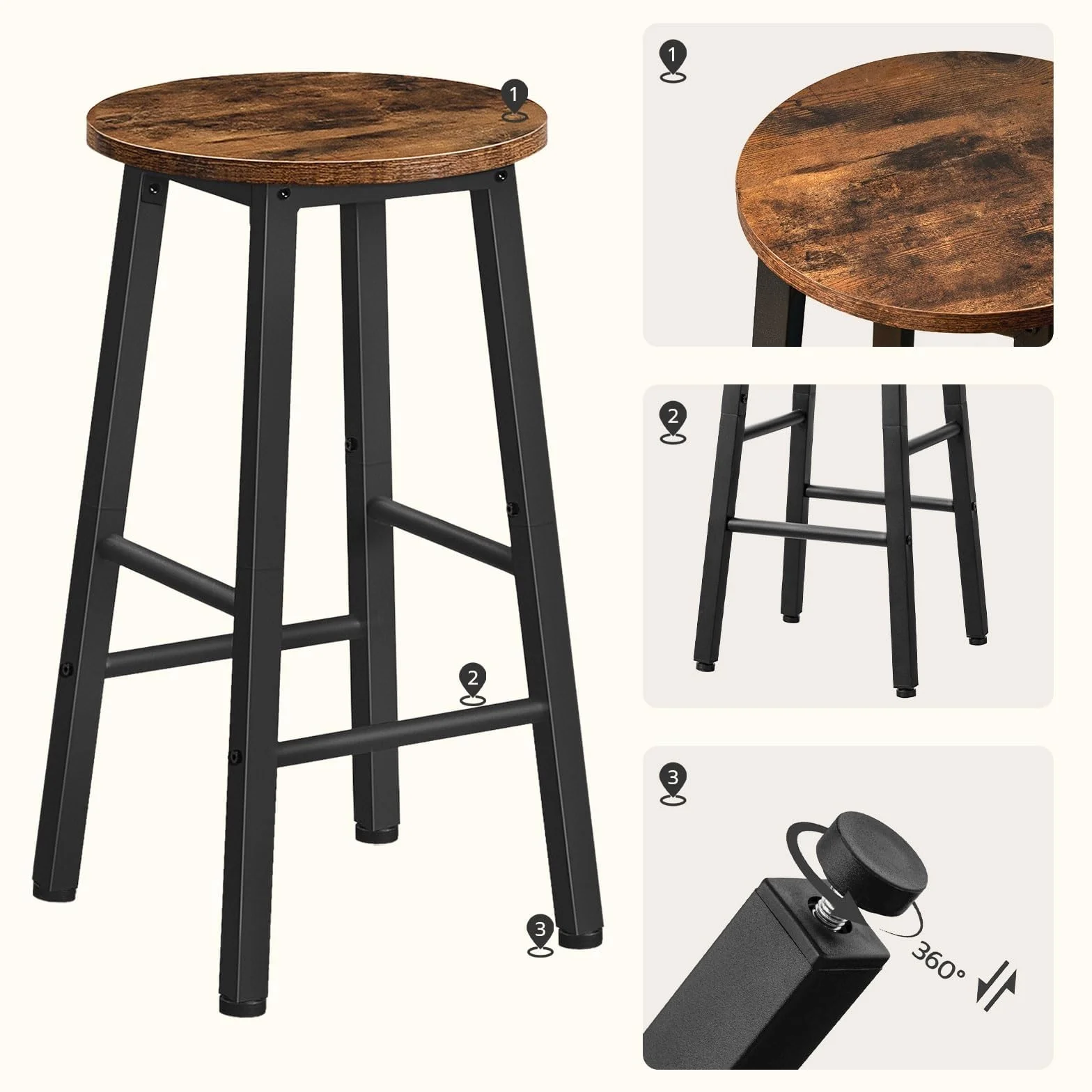 HOOBRO Taburete de Bar Juego de 2, Taburetes Altos de Cocina, Vintage Marrón y Negro