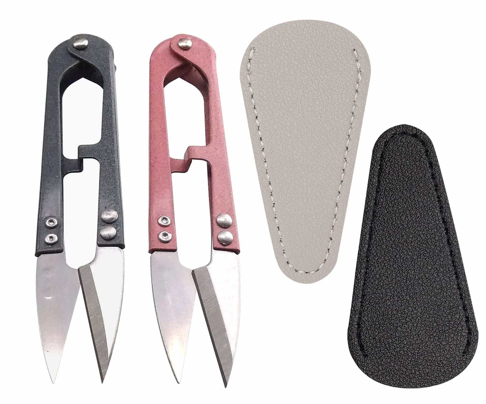 2 mini tijeras de costura multicolor, 2 tijeras de cuero, cubierta de vaina para hilo de bordar, hilo de bordar, tijeras de punto de cruz con sombra en U (rosa/gris)