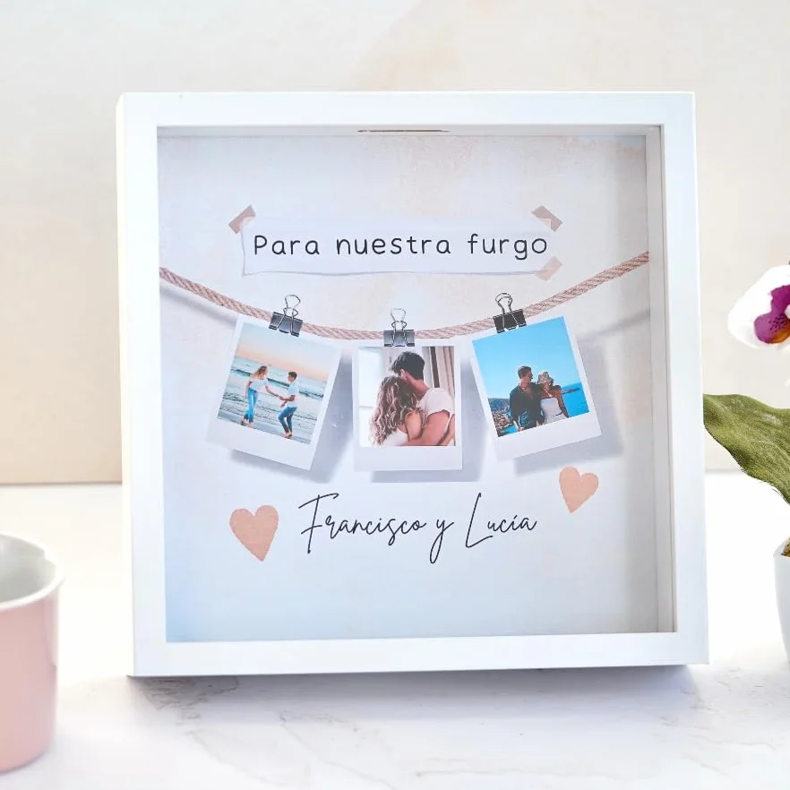 Hucha Personalizada Madera Acrílico Transparente 3 Fotos Texto Regalo Emotivo Aniversario Cumpleaños Decoración Hogar