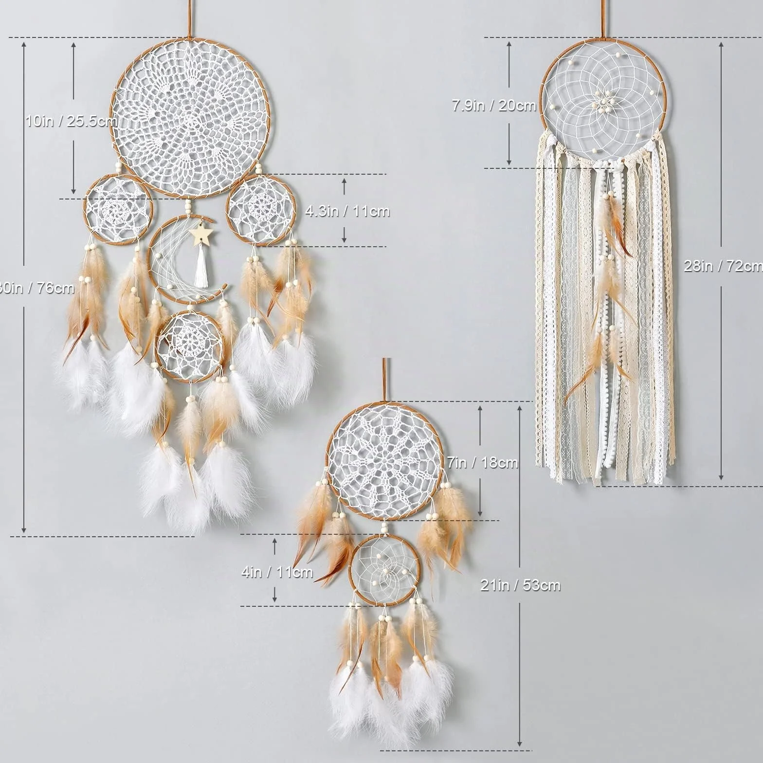 LOMOHOO Juego de 5 atrapasueños con diseño de luna y sol, macramé bohemio, para colgar en la pared, decoración de habitación, plumas hechas a mano, para dormitorio de niños y niñas, decoración del