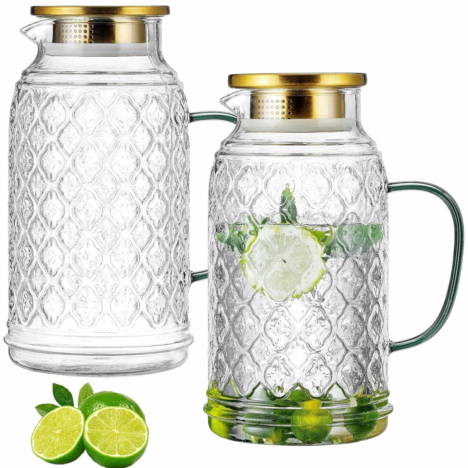 Buaic Jarra de vidrio con tapa, paquete de 2 jarras de agua vintage de 84 onzas/2.5 litros, jarra de agua de vidrio de borosilicato transparente para preparación fría, café, limonada, té helado
