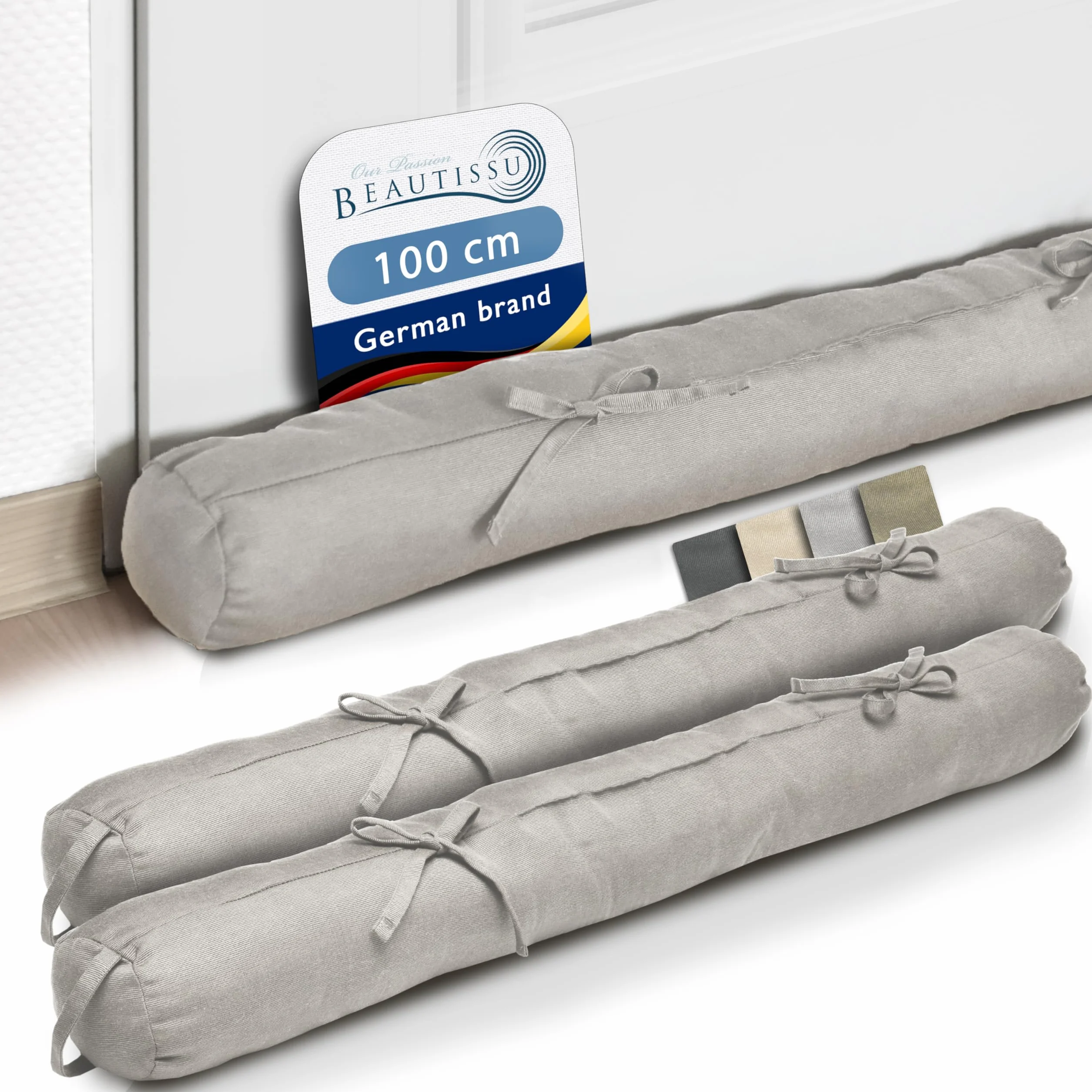 Beautissu Viento Set 2 Burlete Puerta 100x10 cm - Cojín Aislante Topo Burlete Cortavientos Puerta con Asa Transporte Protección Aire Fresco para Ventanas y Puertas Entrada Gris Claro