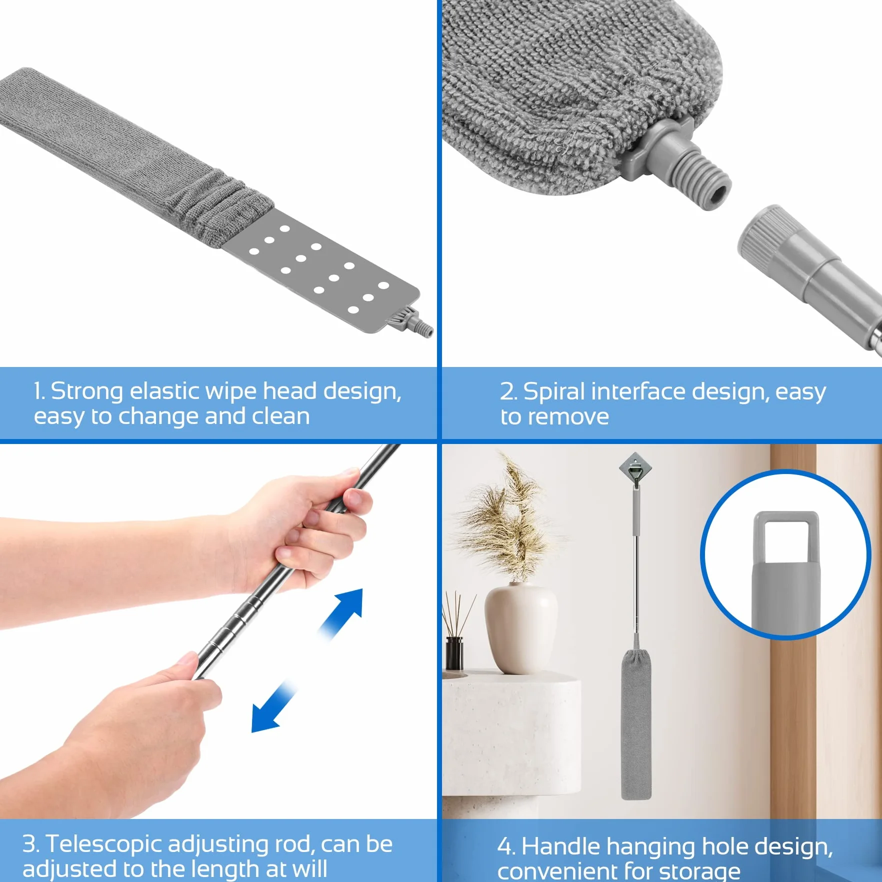 DOBIGER Cepillo Limpieza Polvo Varilla Telescópica Acero Inoxidable, Plumero Atrapapolvo Microfibra Lavable
