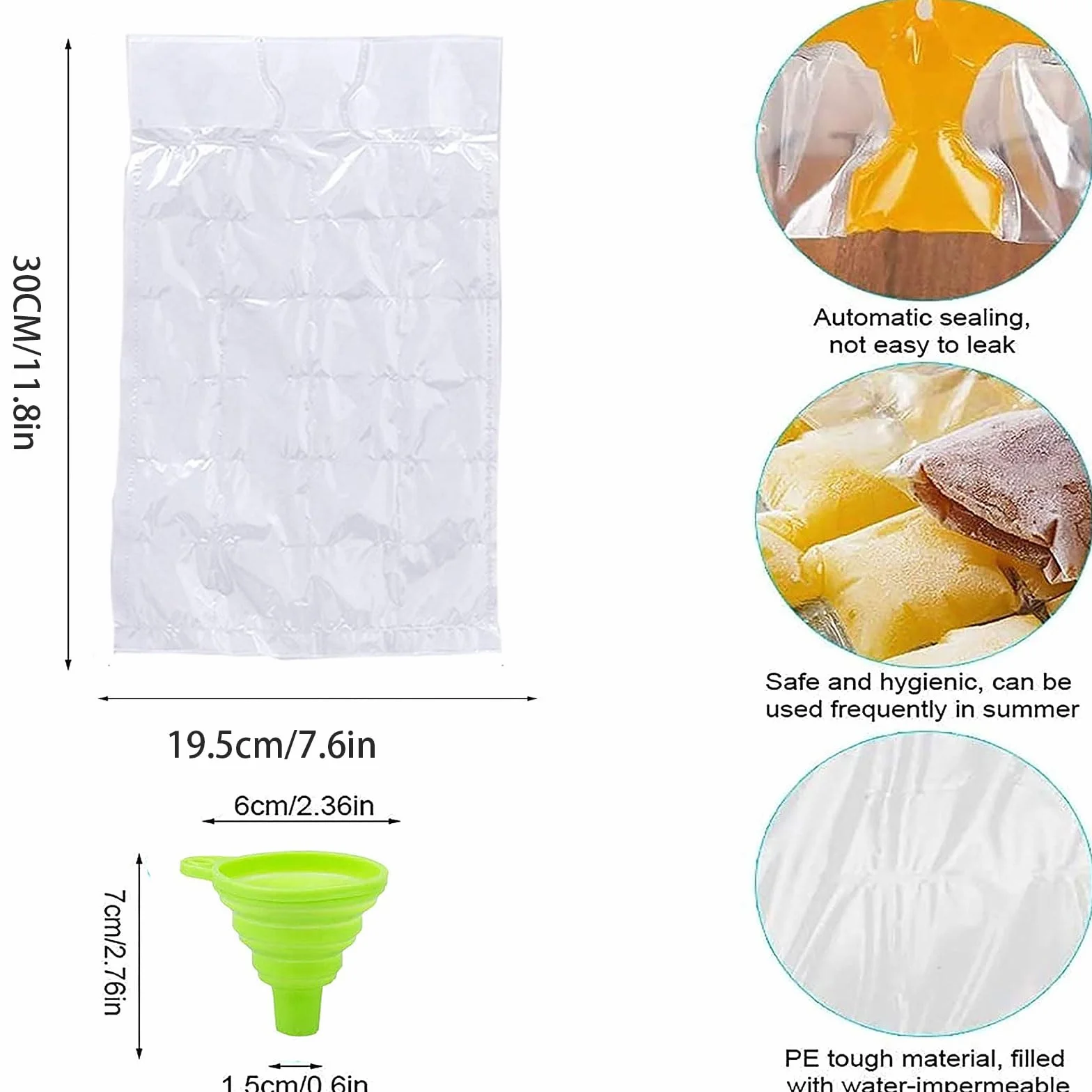 Bolsa de cubitos de hielo desechable 100 moldes sellable automáticamente transparente 1 embudo