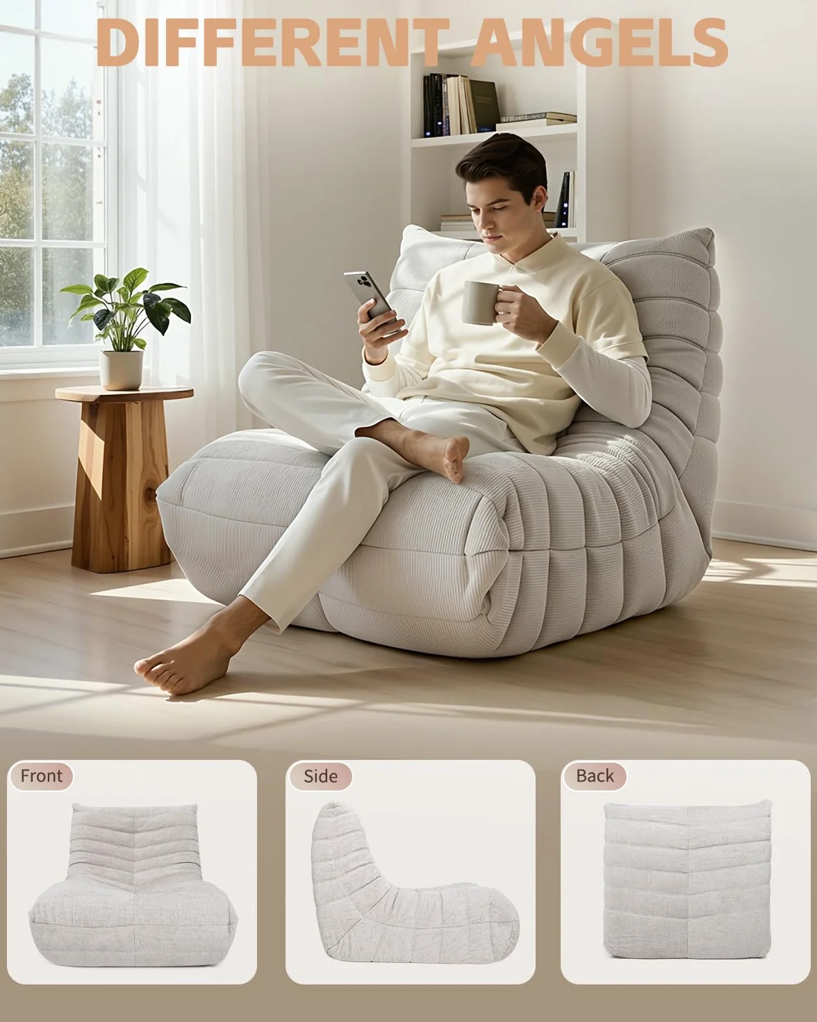 Puf de Espuma de Alta Densidad para sofá, sofá de Suelo de Chenilla con Respaldo, sillón de Lectura para Interiores, Perezoso para salón y Dormitorio (Beigewhite)