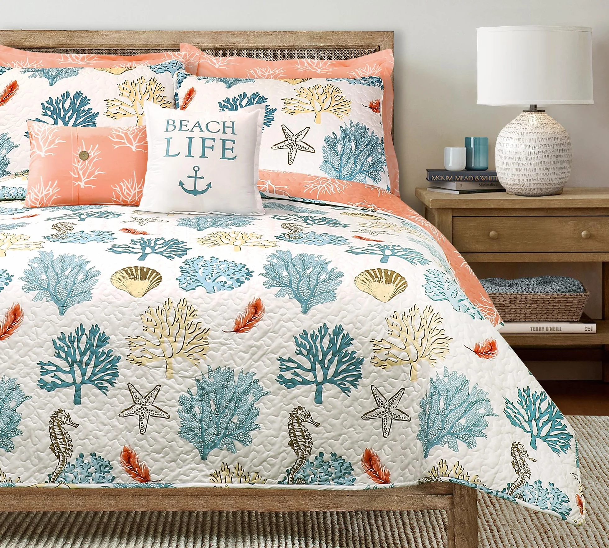 Lush Decor Juego de Ropa de Cama Reversible de 7 Piezas con diseño de Conchas Marinas, Color Azul y Coral