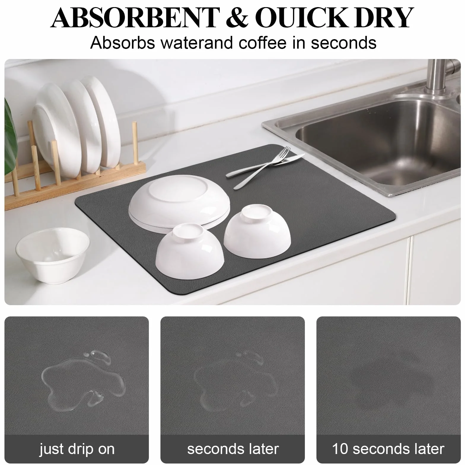 Alfombrilla Escurreplatos, Alfombrilla Escurreplatos Super Absorbente, Alfombra Escurreplatos Antideslizante para Mostrador de Cocina, Esterilla de Secado para Cafetera, Protector de Encimera