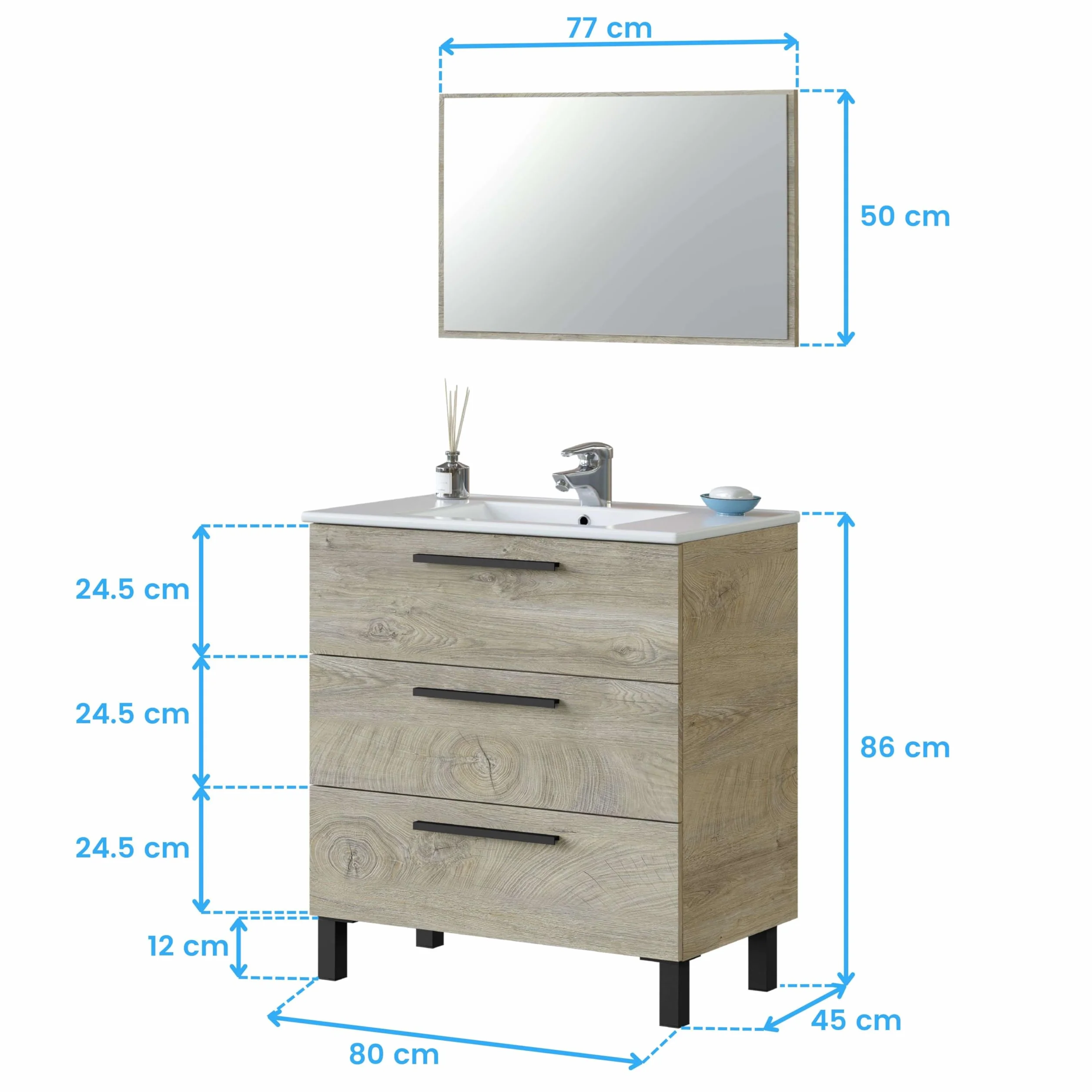 ARKITMOBEL Mueble de Baño Athena con 3 Cajones y Espejo, Módulo de Lavabo con Patas, Color Roble Alaska, Medidas: 80x86x45 cm (Lavabo No Incluido)