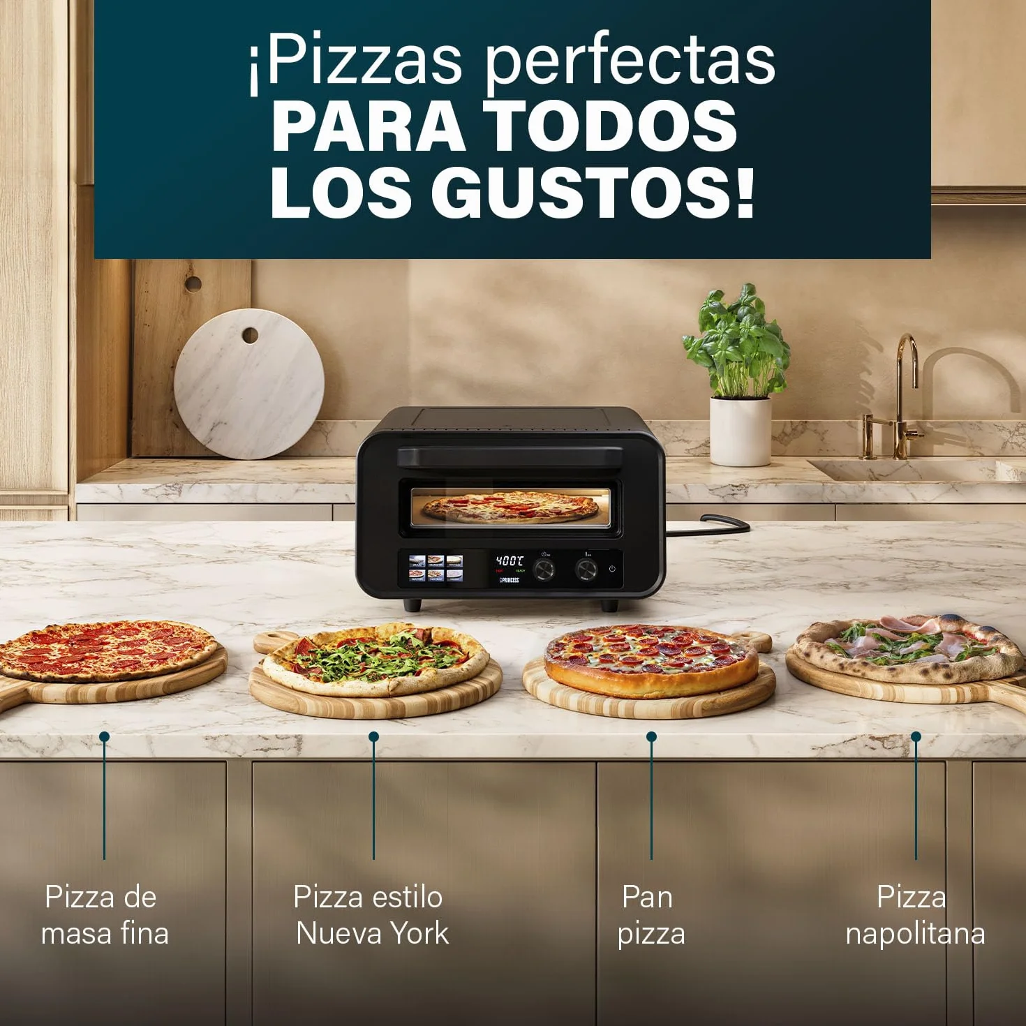 Princess Horno para Pizza Pro Max 15L 400°C 2100W Control Digital Piedra y Pala Incluidas
