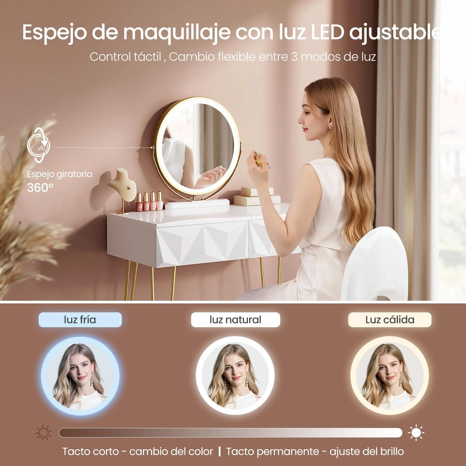 EUGAD Tocador de Maquillaje con Luz y Taburete, Conjunto de Tocador con Espejo con Silla Terciopelo, con 2 Cajones, Blanco + Dorado, 0056SZT