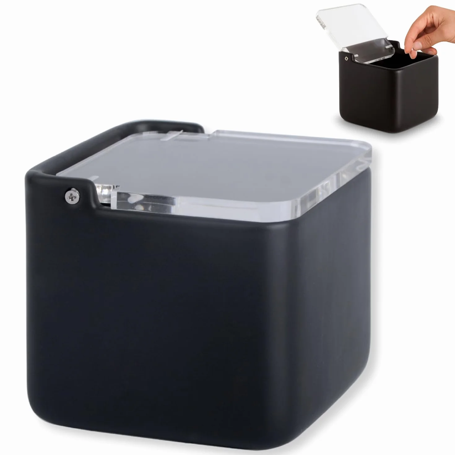 salero de cocina con tapa de acrílico transparente basculante - Saleros negro de cocina modernos con base cerámica para usar como salero y azucarero o especieros, 11.2 x 11.2 x 11.2 cms