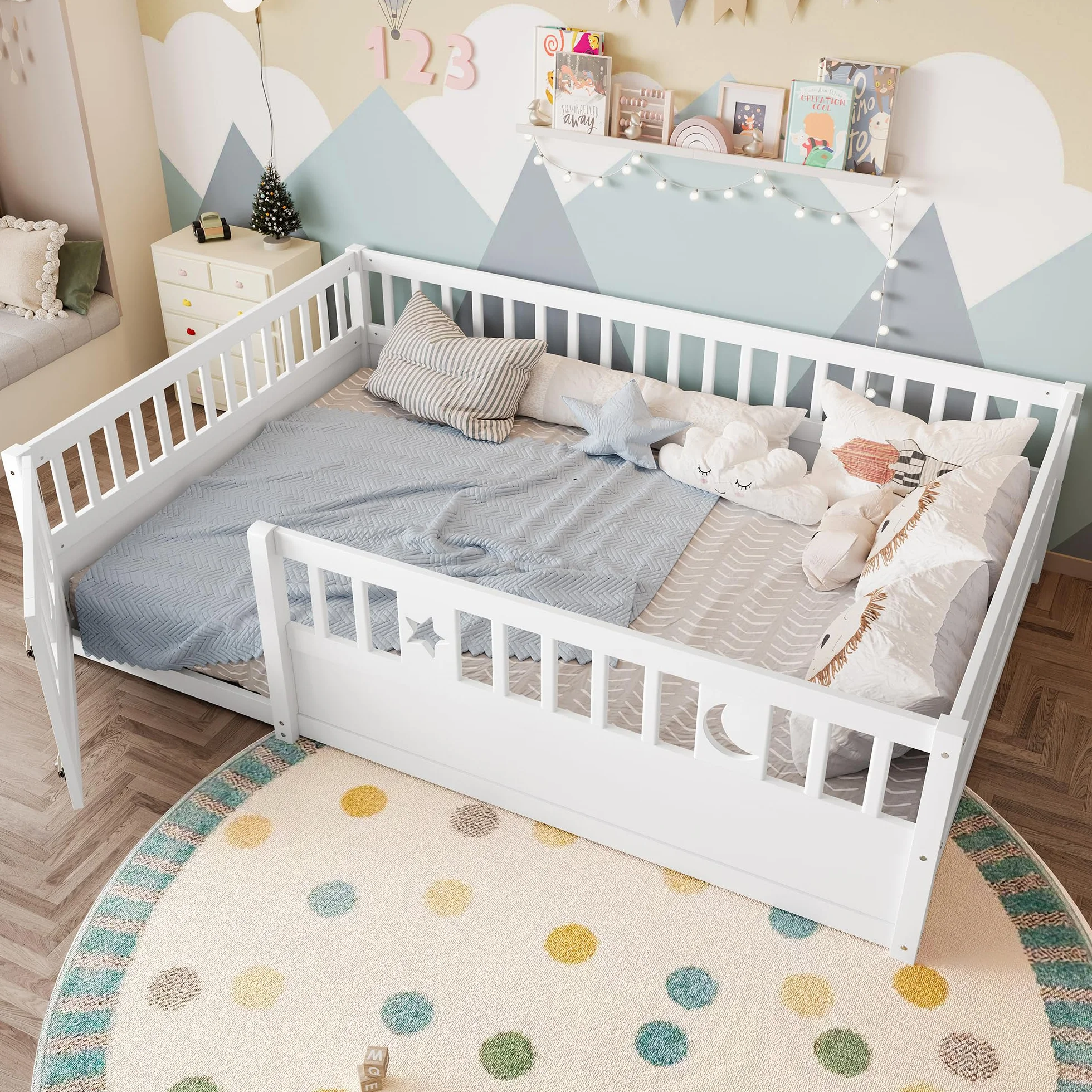 Paneles para cuna 140 x 190 cm con rejilla, estrellas y lunas, blanco