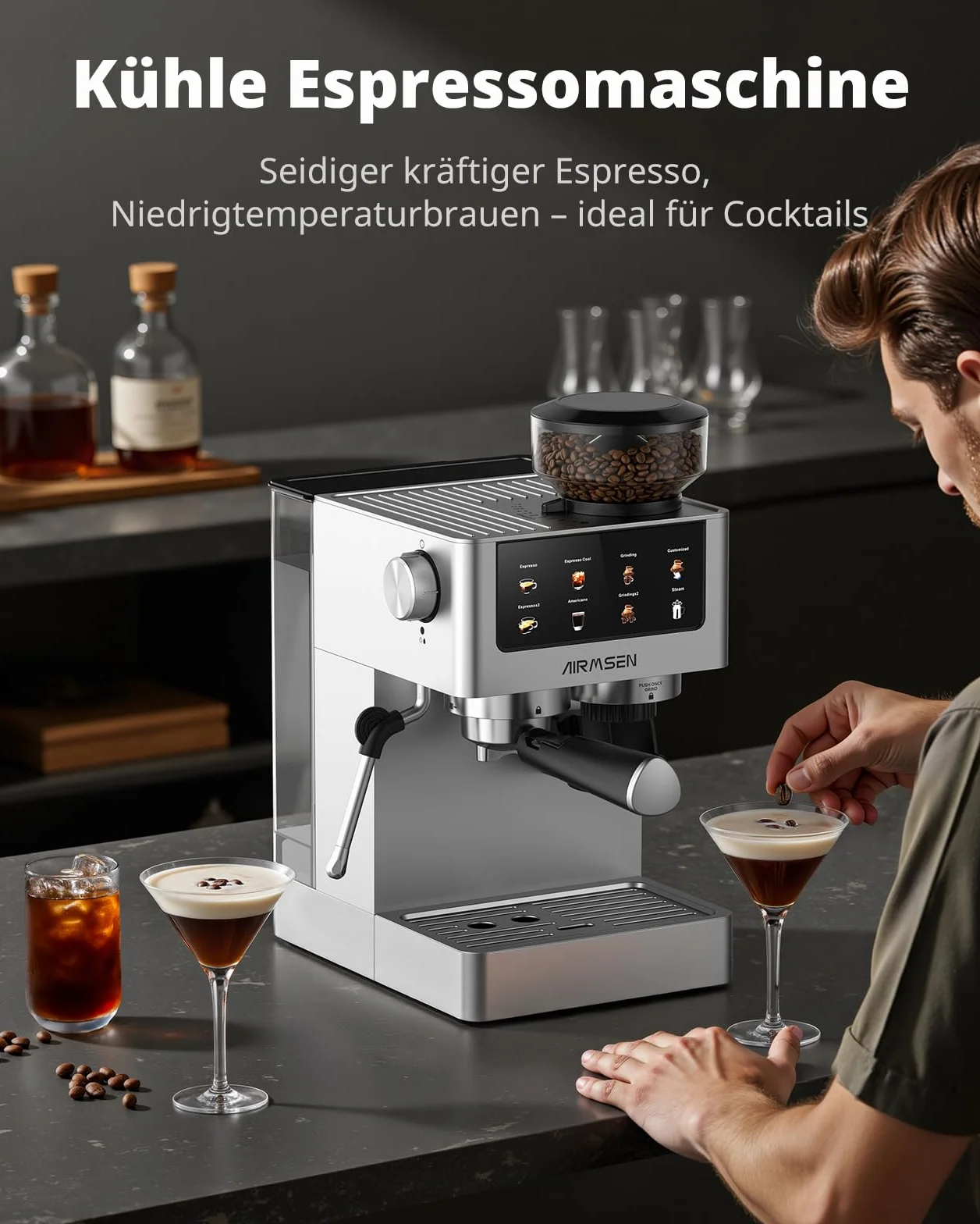 AIRMSEN 20 Bar Cafetera de Café Espresso con Molinillo Cónico y Vaporizador de Leche, Programable, Pantalla Táctil, Fabricada en Acero Inoxidable, 1.8L - Café Cold Brew y Americano, Espresso y Leche