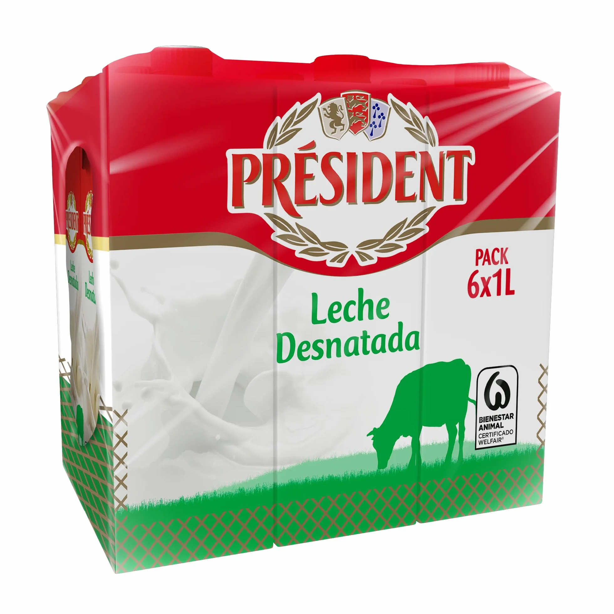 Président Leche Desnatada Natural de Galicia Pack 6 x 1 L Fuente de Calcio y Proteínas Sin Gluten