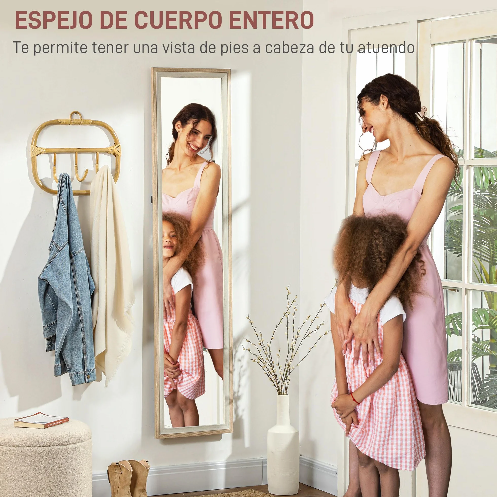 HOMCOM Espejo de Pie Cuerpo Entero 157x37 cm, Espejo Grande de Pared con Marco Bicolor, de Pie, Inclinado o Colgante, para Salón, Dormitorio, Pasillo, Entrada, Natural Claro y Blanco
