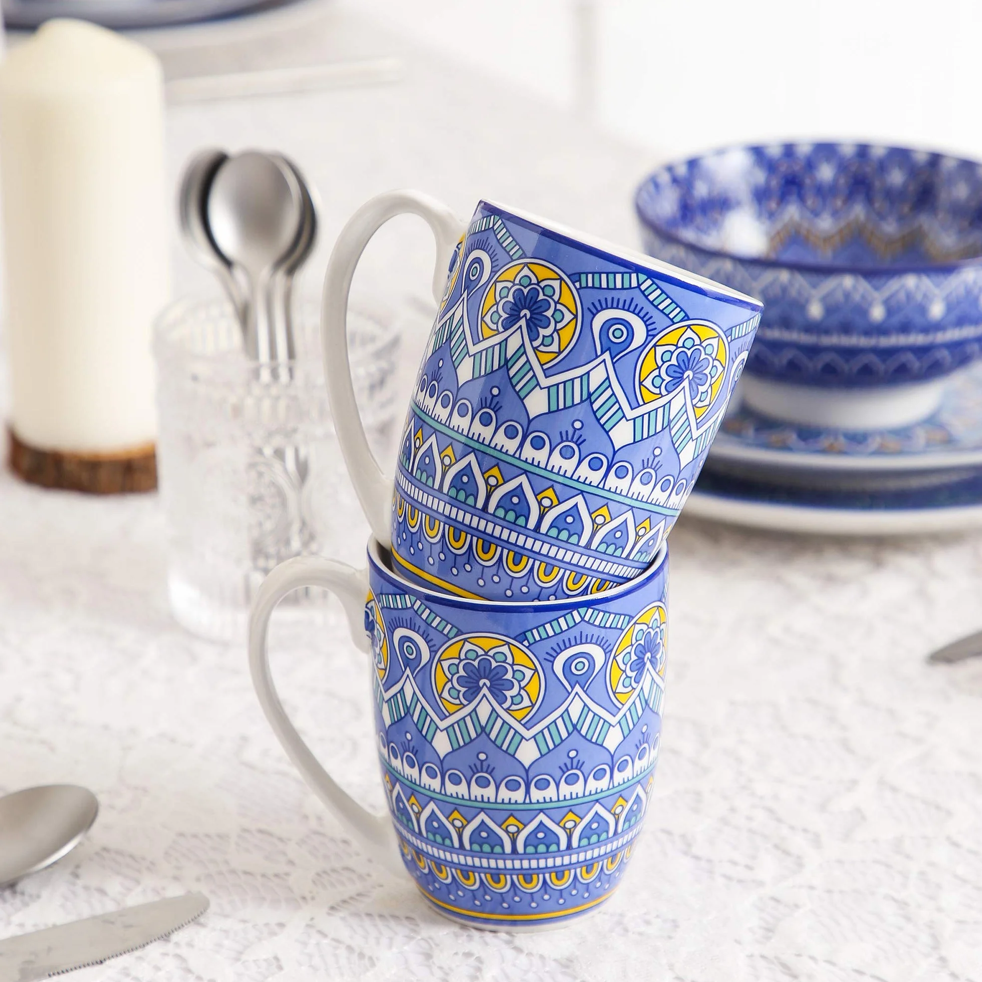 vancasso serie Mandala Vajillas de 48 piezas de Porcelana Multicolor Vajillas Completas Diseño Floral Mandala para 12 Personas (Azul)