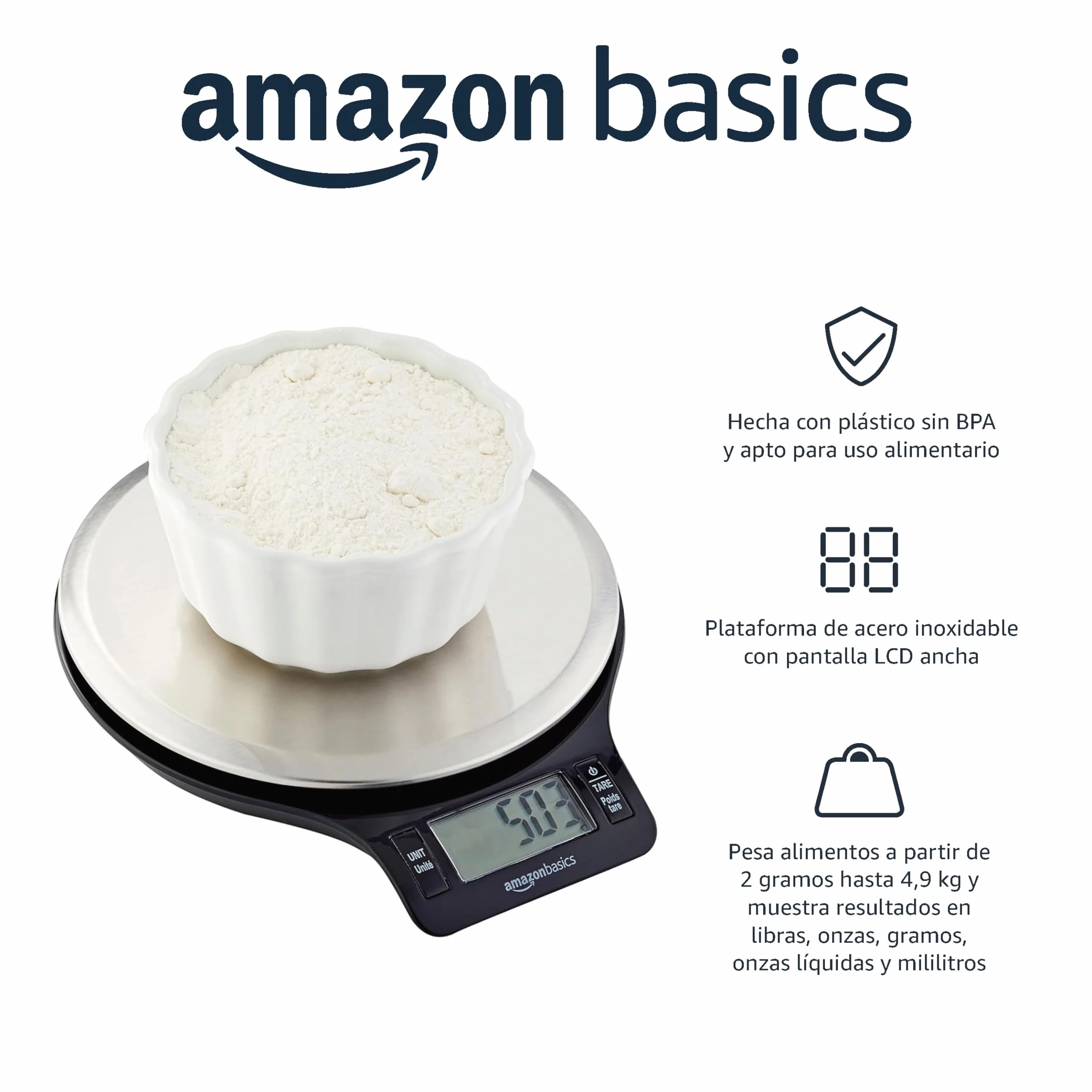 Amazon Basics Báscula de Cocina Digital de Acero Inoxidable sin BPA, Pantalla LCD, 11 Libras, Negro