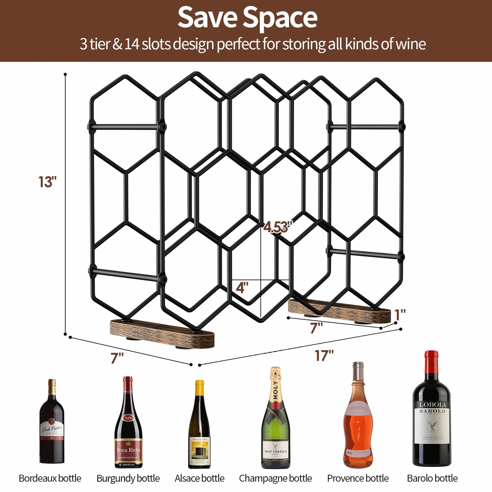 Nuovoware Botellero de Sobremesa, Soporte Independiente de Acero al Carbono para 14 Botellas, Organizador de Botellas de Vino de 3 Niveles para Armario o Despensa