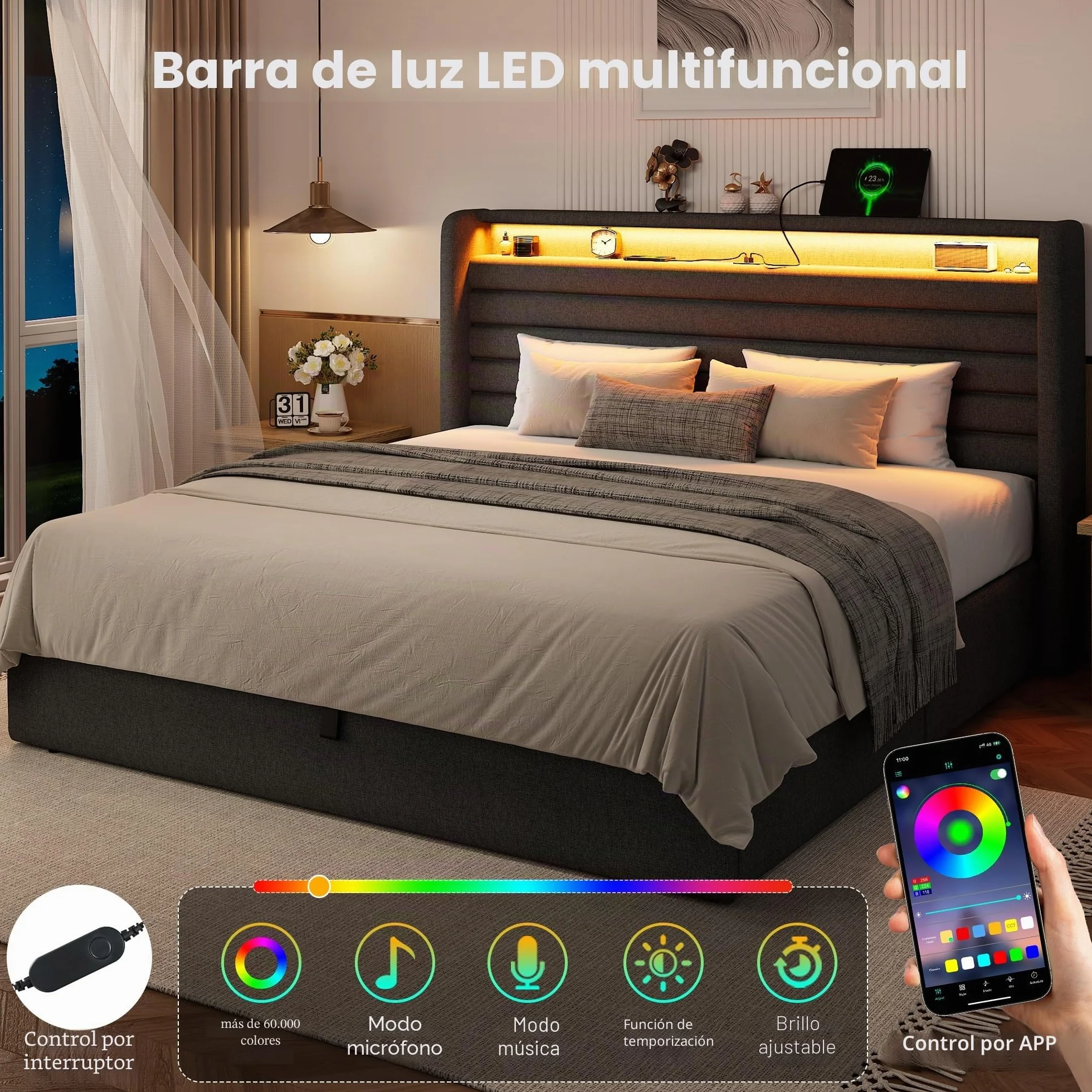 FEONASE Cama 160x200 cm con Almacenamiento, Tapizada, LED y Carga, Cabecero Hidráulico de Lino