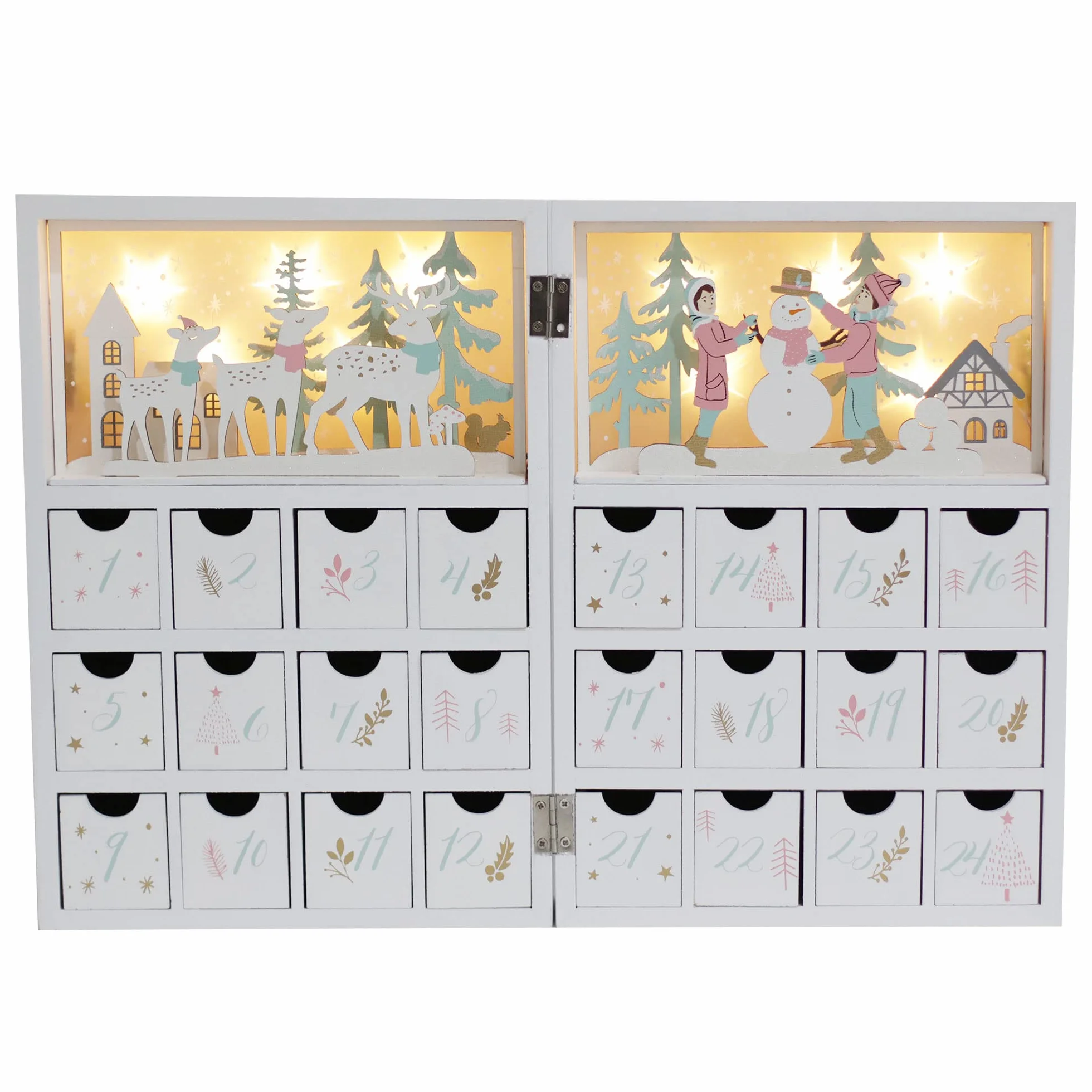 PE Calendario de Adviento de madera de Navidad con cajones, escena de invierno, calendarios rellenables con luz LED, decoración de cuenta regresiva para adultos y niños (blanco)