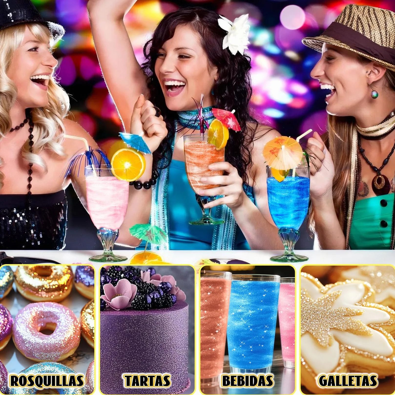 Purpurina Comestible 7 Colores Vivos Glitter Comestible Reposteria 3g sin Sabor para Bebidas, Tarta, Macarons