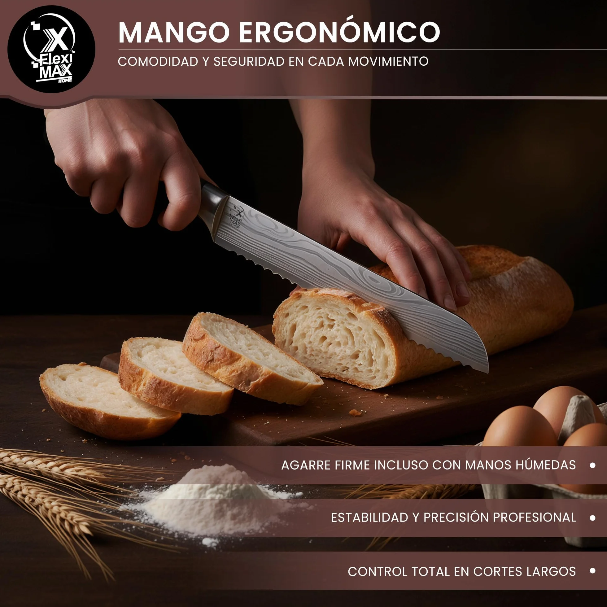Cuchillo de Pan Profesional 20 cm Cuchillo de Sierra para Pan Crujiente y Baguette Cuchillo de Cocina de Acero Inoxidable con Mango de Madera Ergonómico Cuchillos cocina Profesional