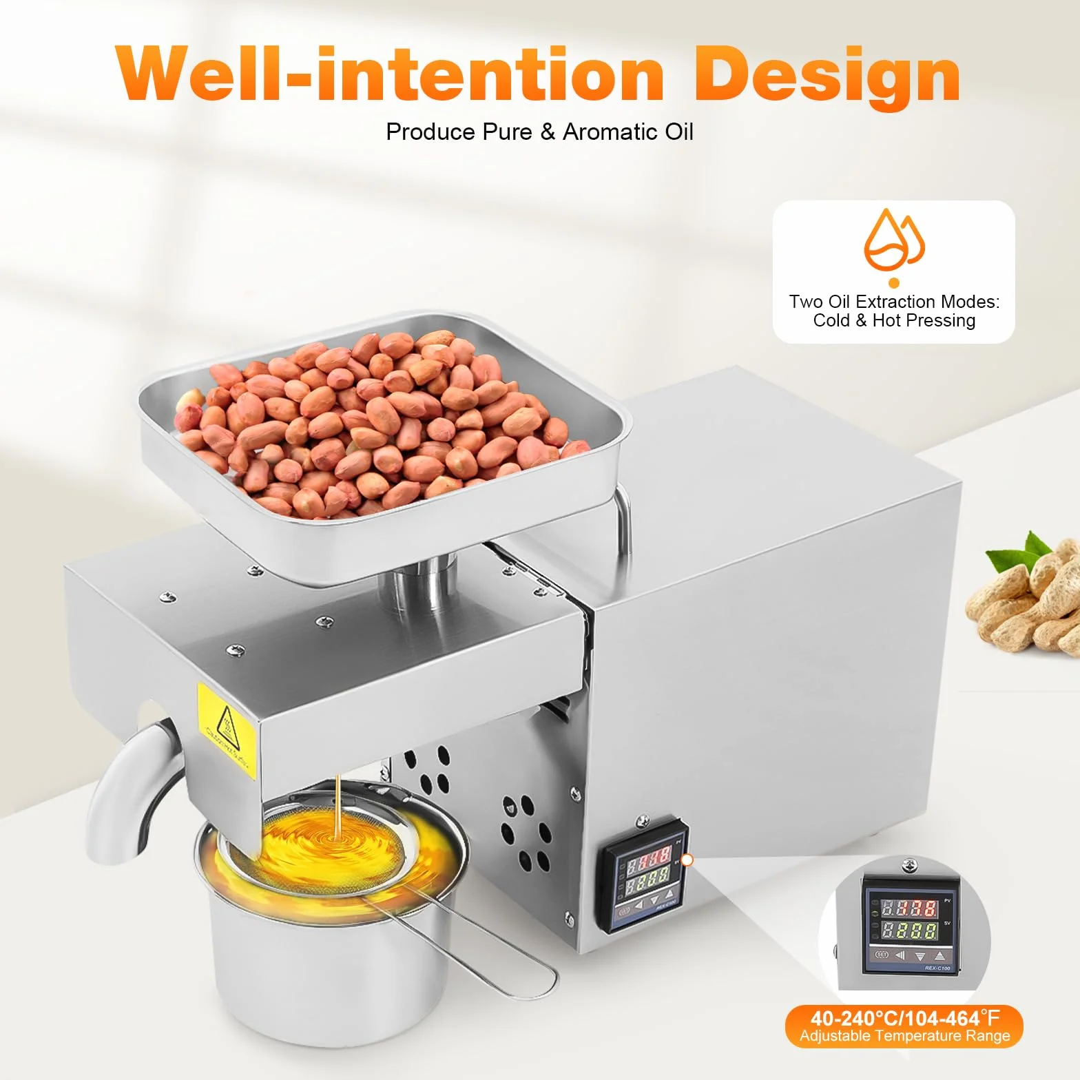 Prensa de aceite, máquina de prensa de aceite de acero inoxidable 1500W molino de aceite eléctrico con control de temperatura nueces cacahuetes máquina de prensa de aceite fría