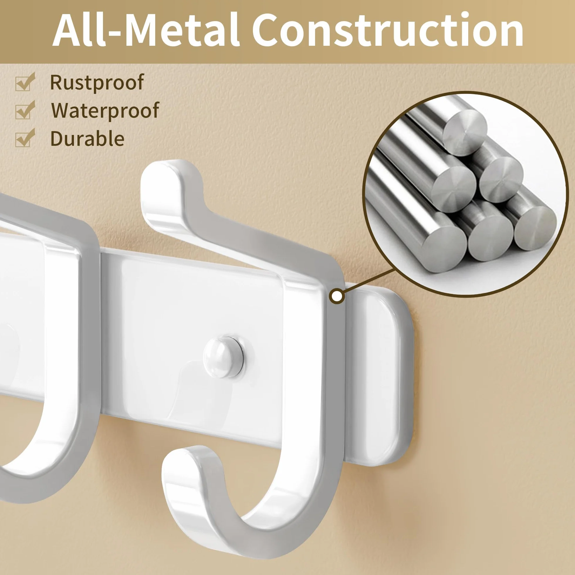 Juego de 2 percheros de pared con 6 ganchos, percheros de metal, perchero de pared para chaquetas, bolsos, sombreros, bufandas, barra para colgar ropa en el dormitorio, armario, baño o cocina (blanco)