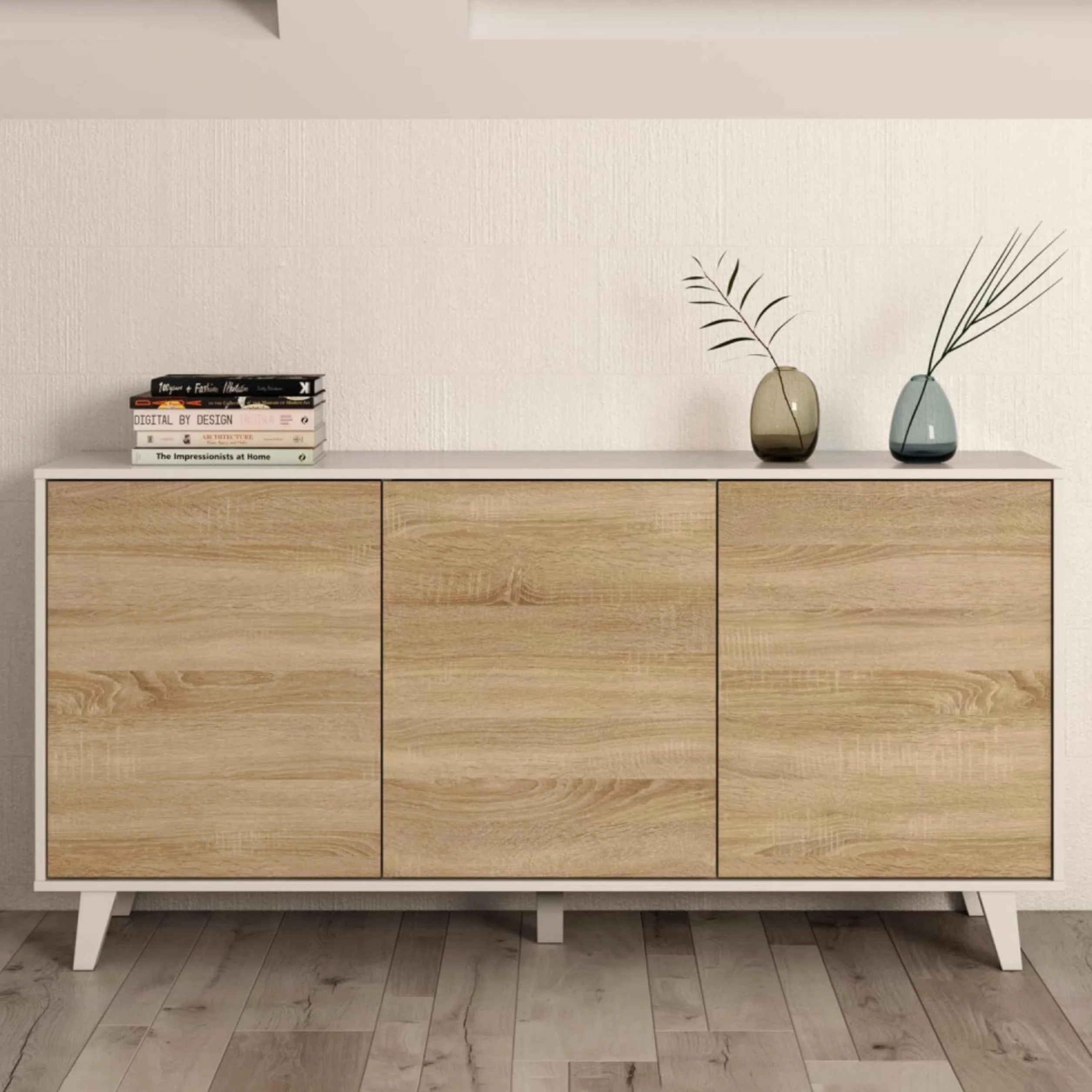 Habitdesign – Aparador Buffet 3 Puertas para Salón o Comedor, Aparador con Patas, Color Blanco Brillo y Roble Canadian, 154x41x75 cm - Zaiken Plus