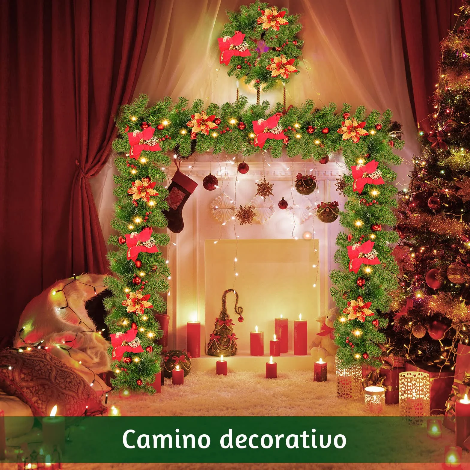 Guirnalda Navidad, Corona navideña de 2,7 m, 200 Ramas, con Bayas Rojas y Agujas de Pino Blanco,Decoracion Navidad para Chimenea con escalones de jardín (Rojo)