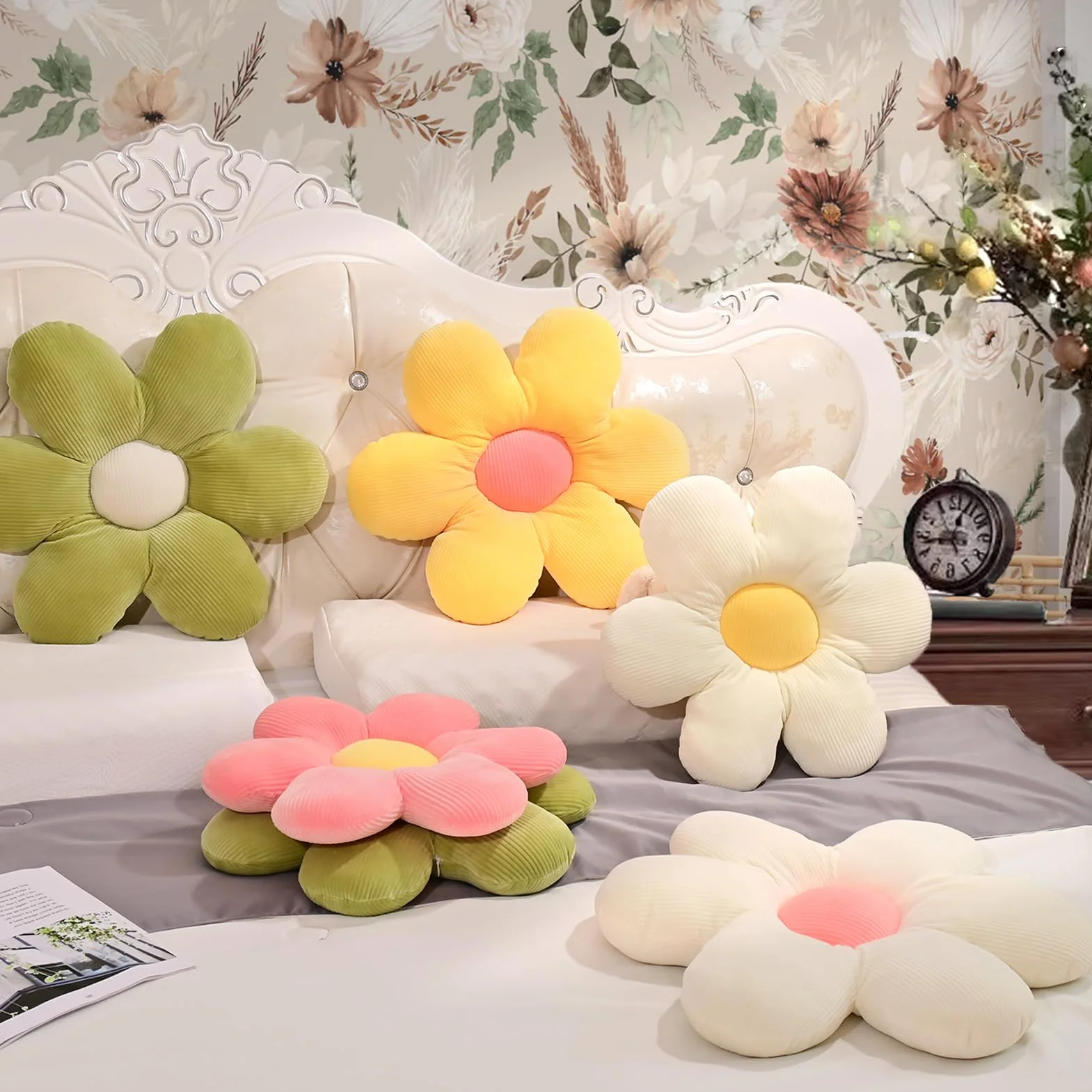 Cojín Flor Blanco 48 cm, Cojín de Suelo Estético para Habitación, Decoración Dormitorio