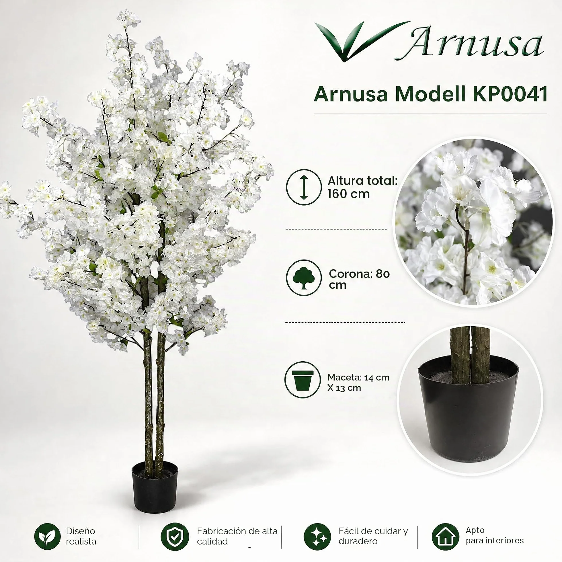 Árbol de Flor de Cerezo Artificial Planta Artificial de árbol de Cerezo Planta de Interior de árbol de Flor de Cerezo Artificial (Blanco 160 cm)